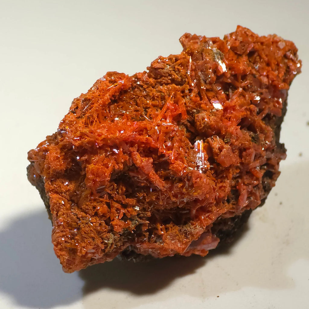 Crocoidite mineral specimen with vibrant red-orange crystals, fine fibrous texture, on dark matrix