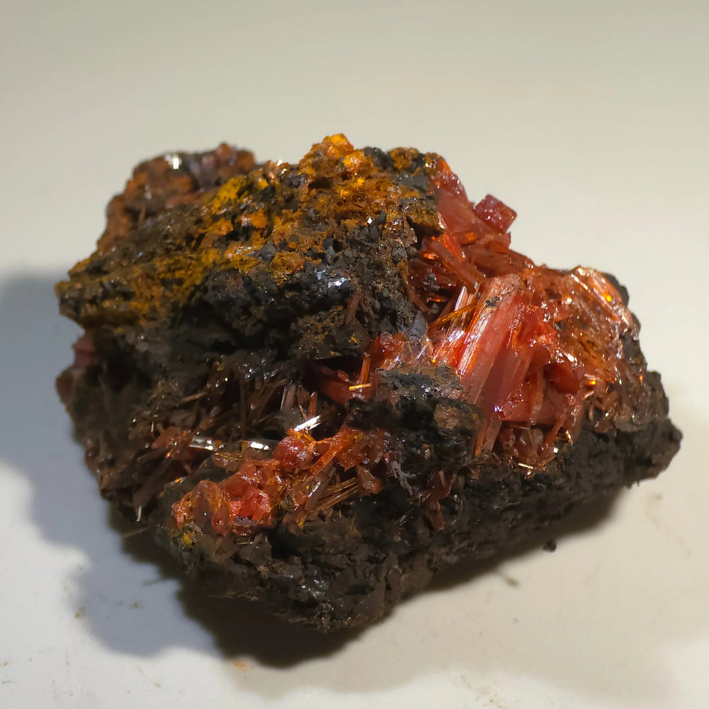 Crocoidite mineral specimen with vibrant red crystals on dark matrix, classic locality specimen for collectors