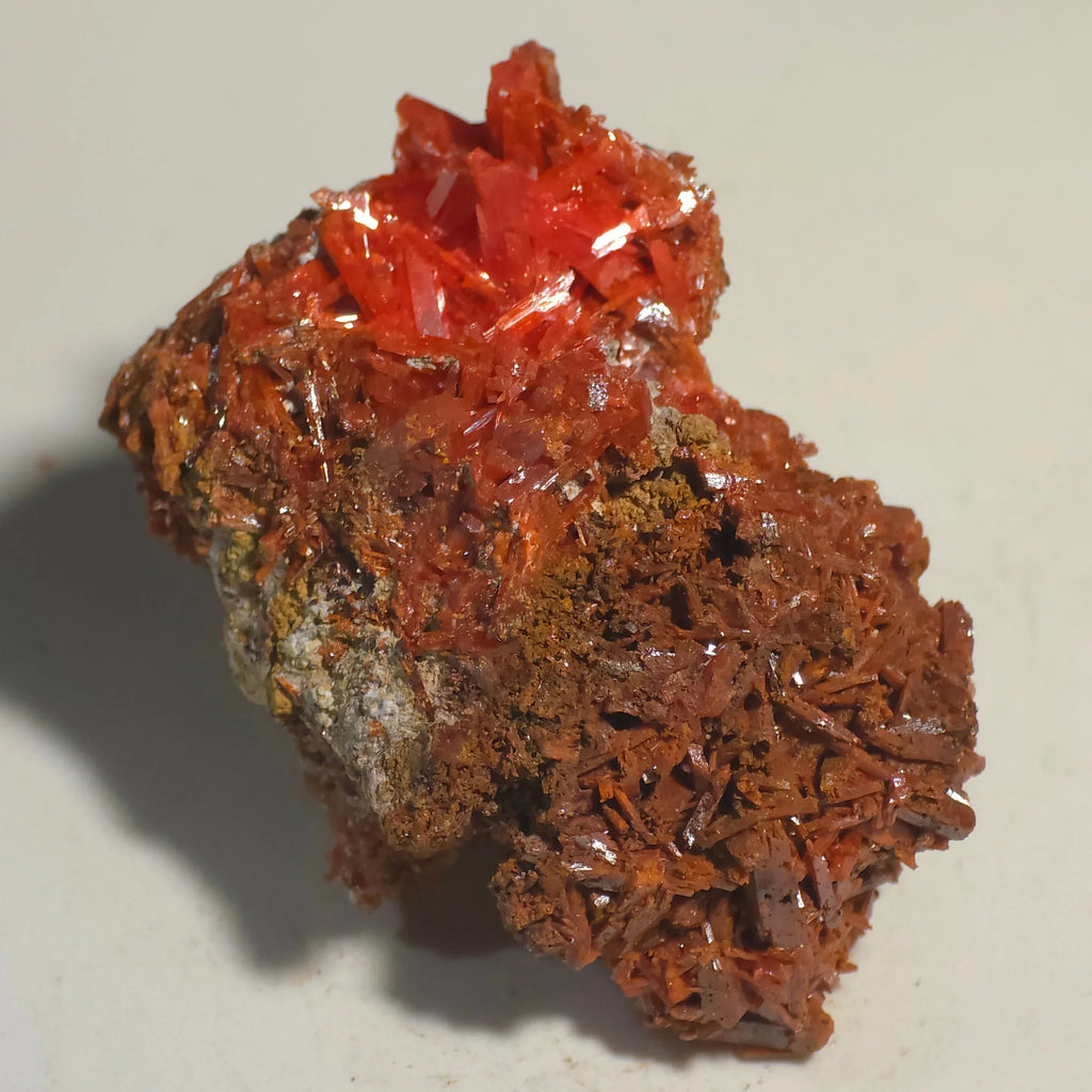 Crocoidite mineral specimen with vibrant red crystals on matrix, classic locality specimen for collectors