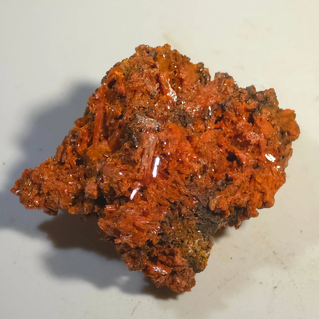 Crocoidite mineral specimen with vibrant red-orange crystals, rough texture, on white background