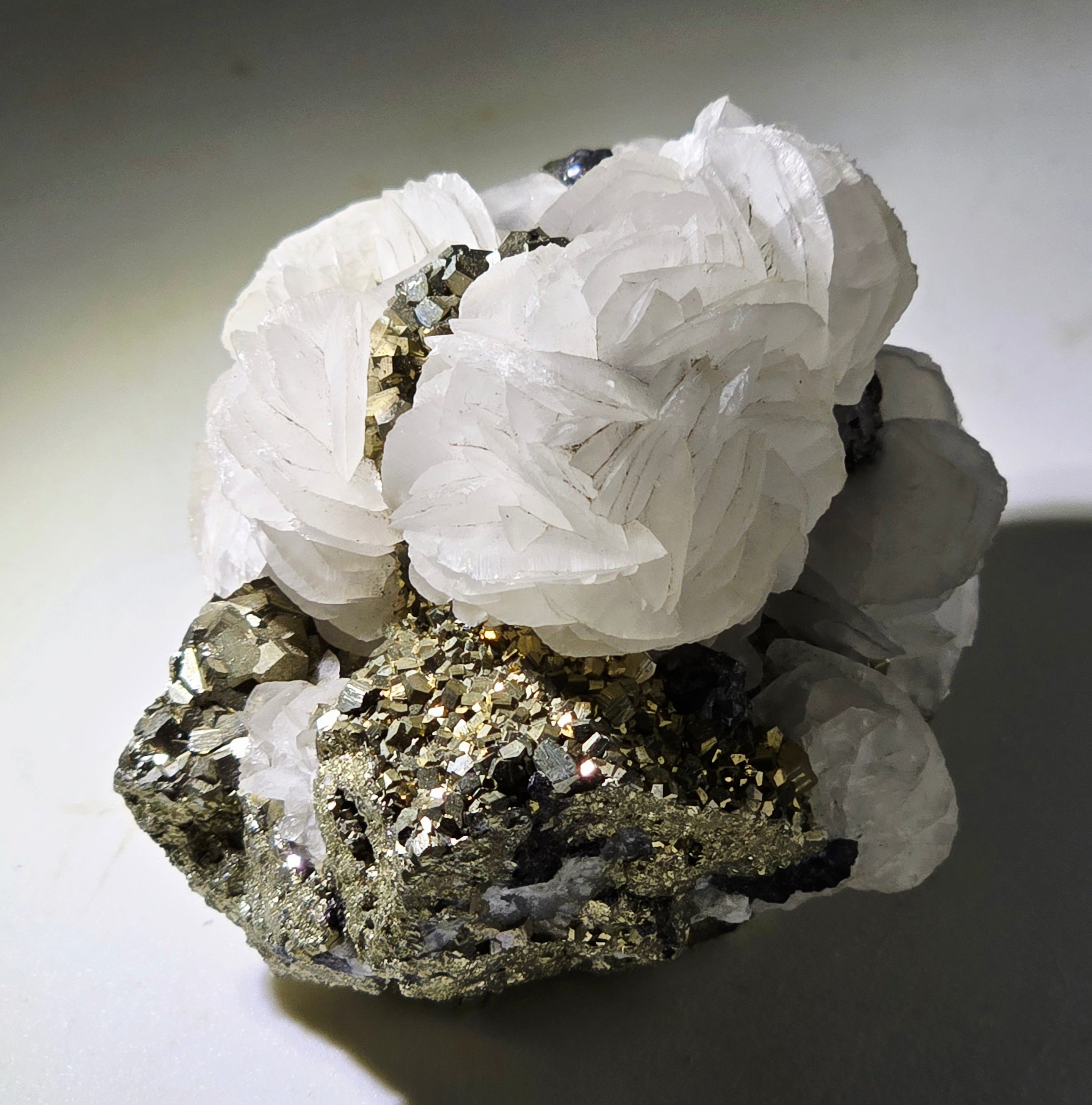 Calcite sur pyrite, mine Renison Bell, Tasmanie