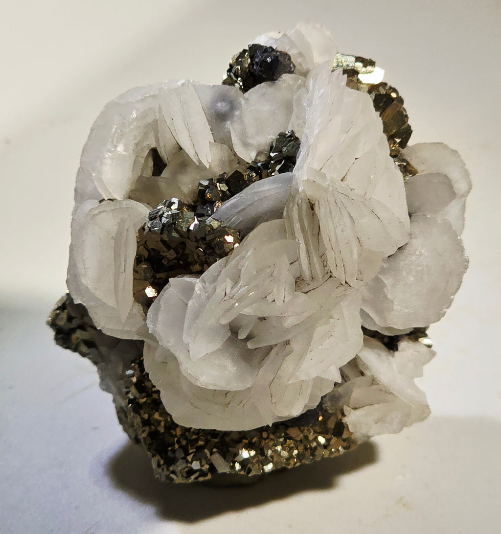 CALCITE on PYRITE, Renison Bell Mine TASMANIA