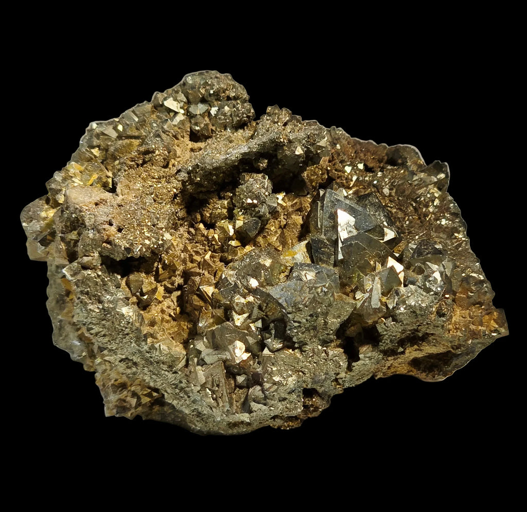 Pyrite crystal specimen with metallic luster on matrix, mineral collector display