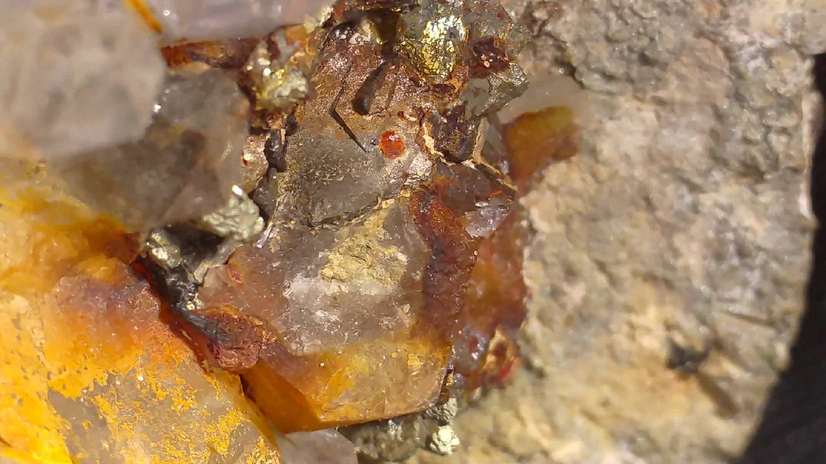 Pyrite on Quartz from Spain, golden metallic crystals embedded in clear quartz matrix