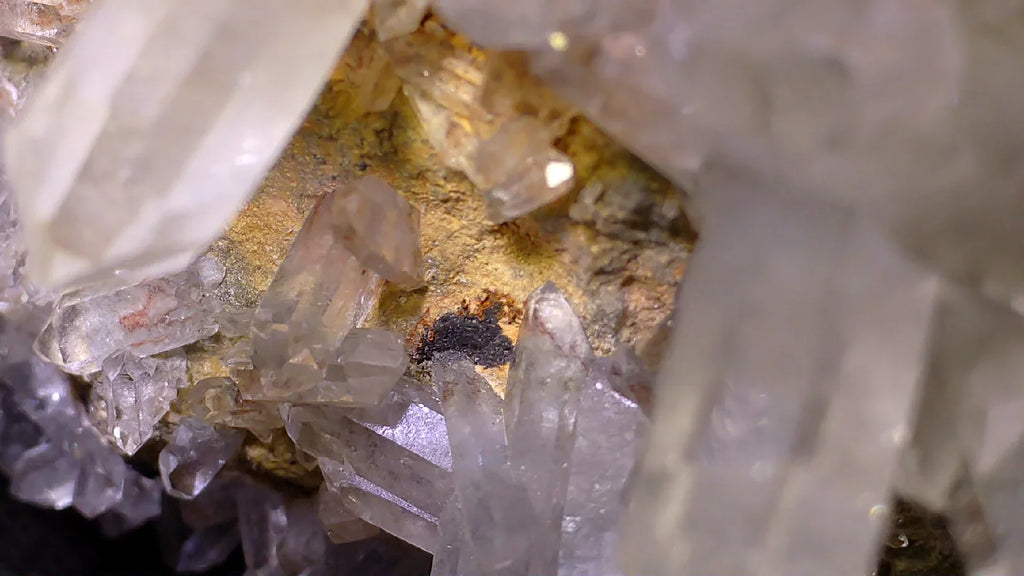 Quartz crystals with golden matrix, clear mineral specimen for collectors