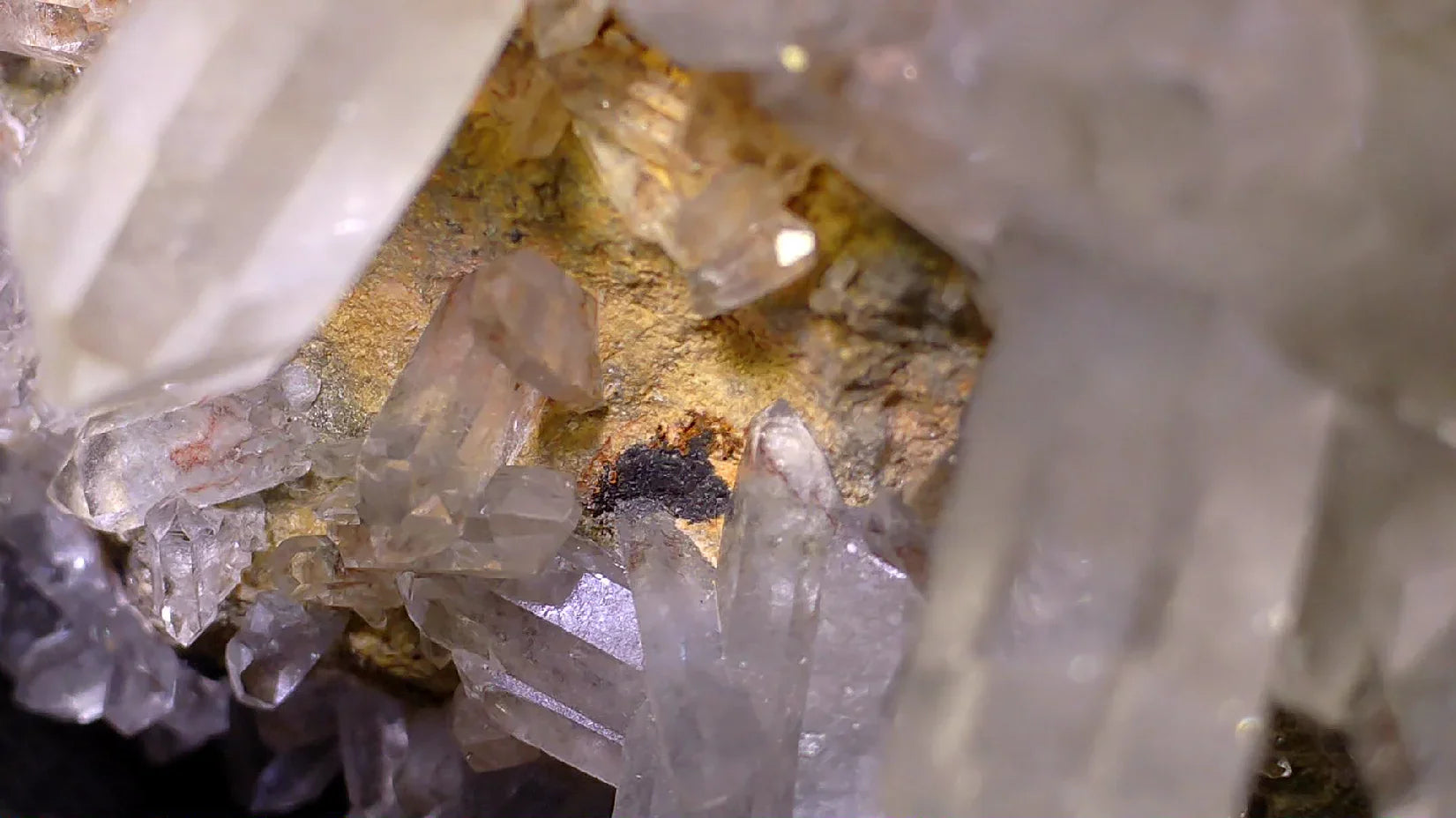 Quartz crystals with golden matrix, clear mineral specimen for collectors