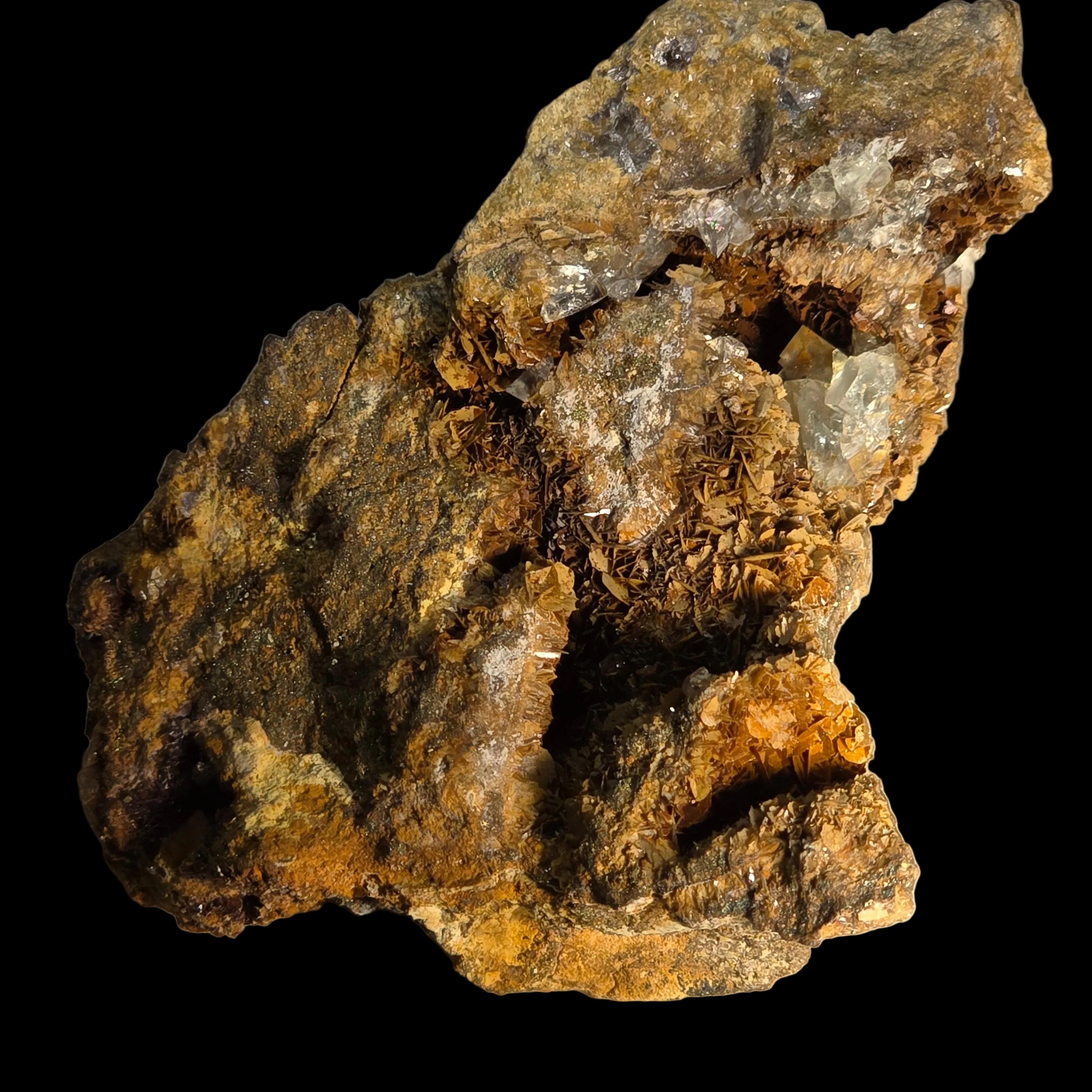 FLUORITE sur MAGNÉSITE, mine d'étain du mont Bischoff, Waratah, Tasmanie (petite vitrine)