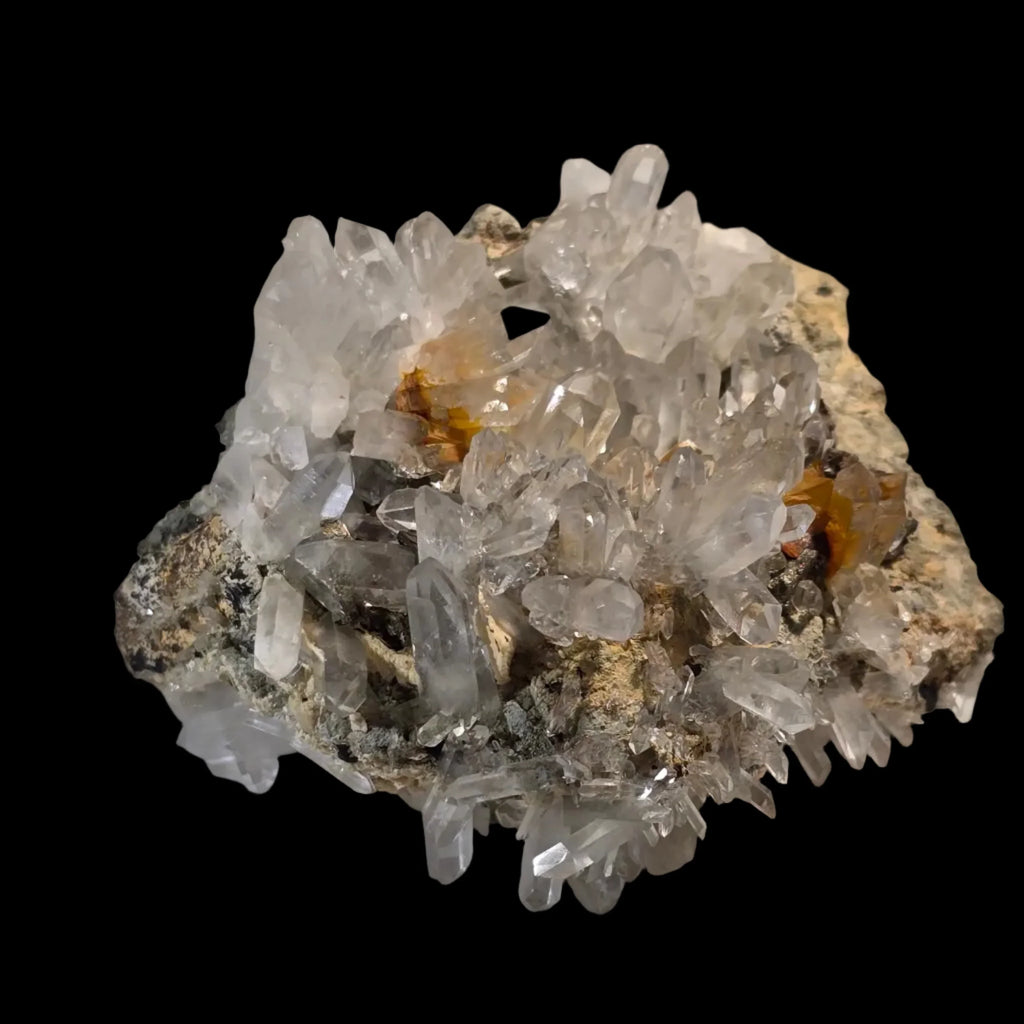 Quartz crystal cluster with orange inclusions on matrix, mineral specimen for collectors