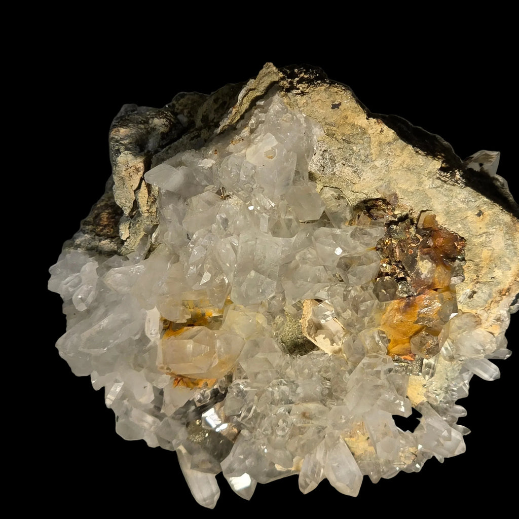 Quartz crystal cluster with golden inclusions on matrix, mineral specimen for collectors