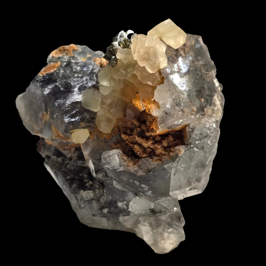 CALCITE, PYRITE sur FLUORITE, Mine Cleveland Luina TASMANIE (petite vitrine)