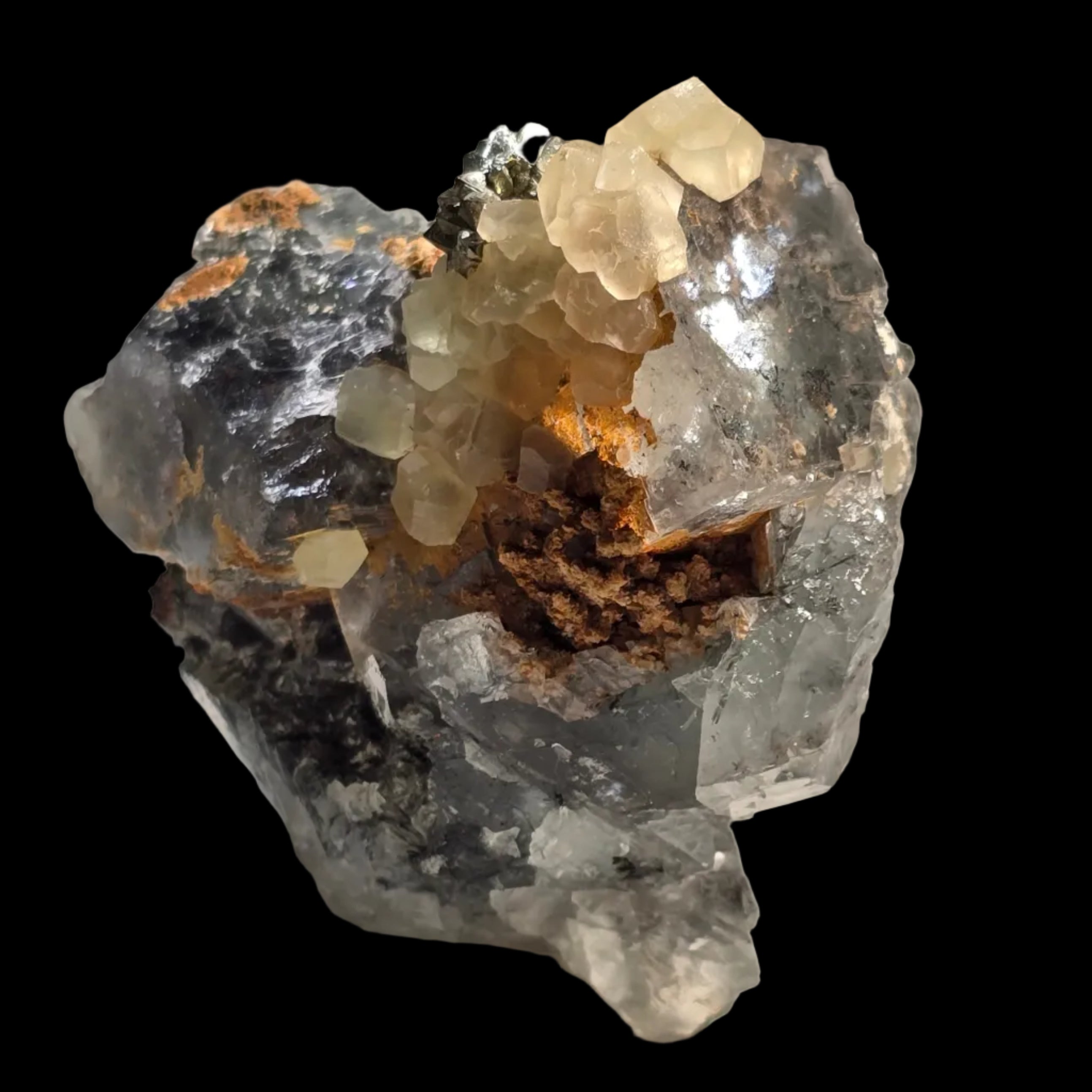 CALCITE, PYRITE sur FLUORITE, Mine Cleveland Luina TASMANIE (petite vitrine)