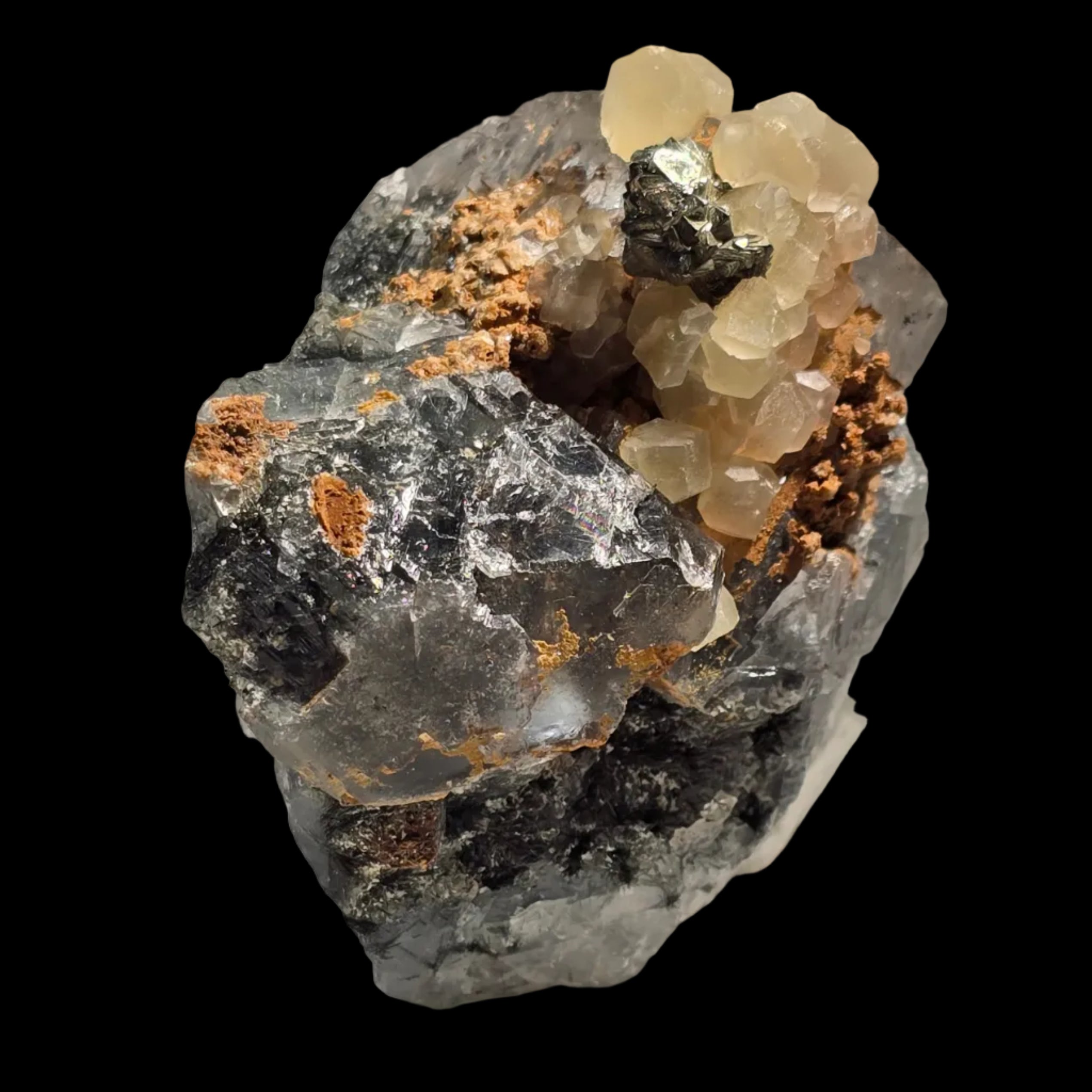 CALCITE, PYRITE sur FLUORITE, Mine Cleveland Luina TASMANIE (petite vitrine)