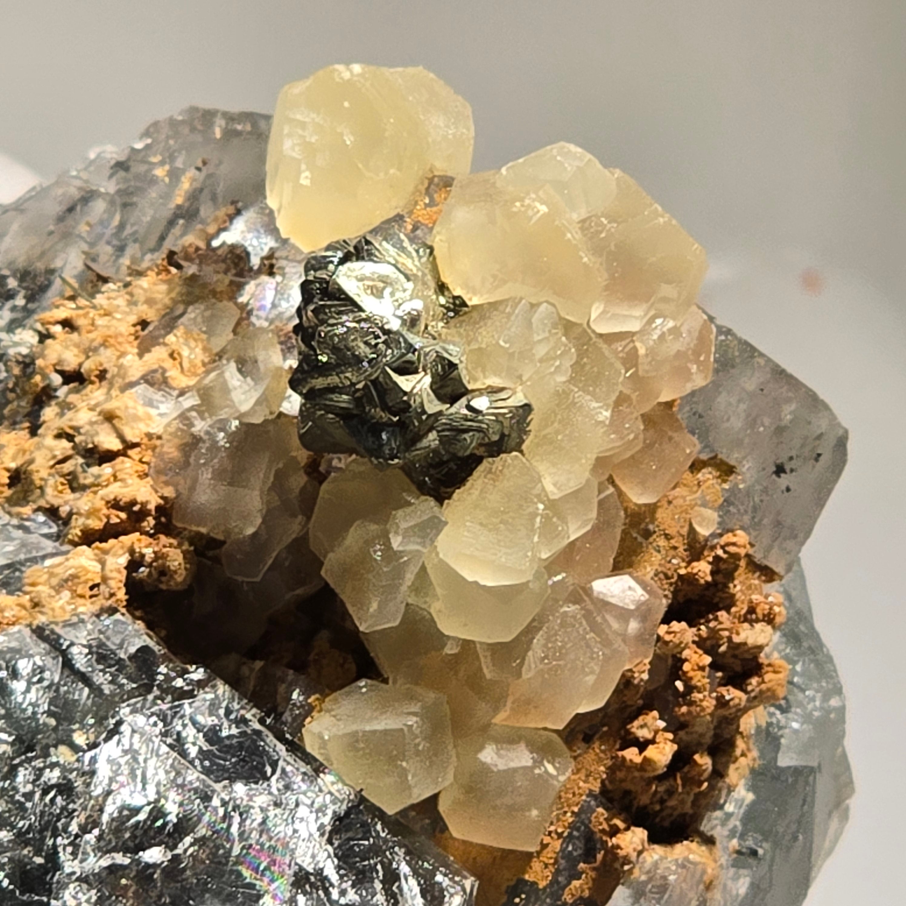 CALCITE, PYRITE sur FLUORITE, Mine Cleveland Luina TASMANIE (petite vitrine)