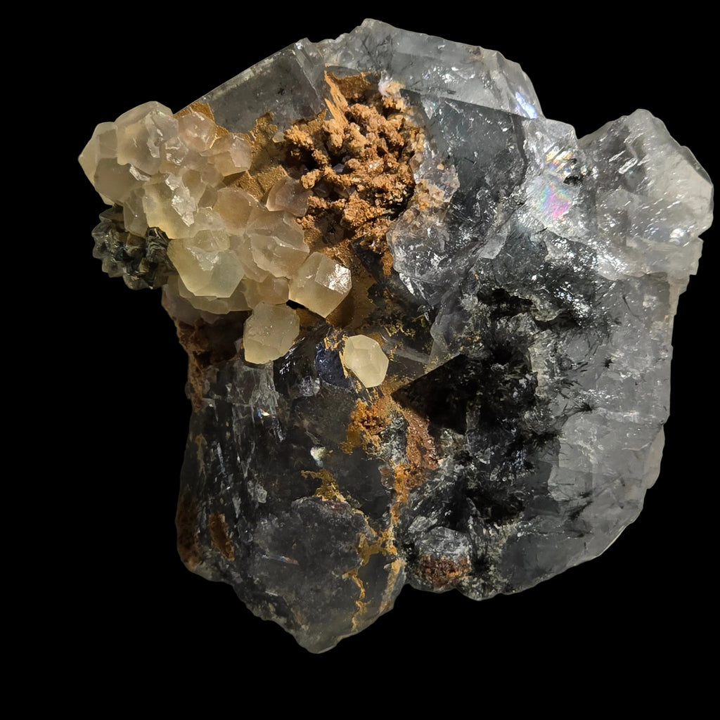 CALCITE, PYRITE sur FLUORITE, Mine Cleveland Luina TASMANIE (petite vitrine)