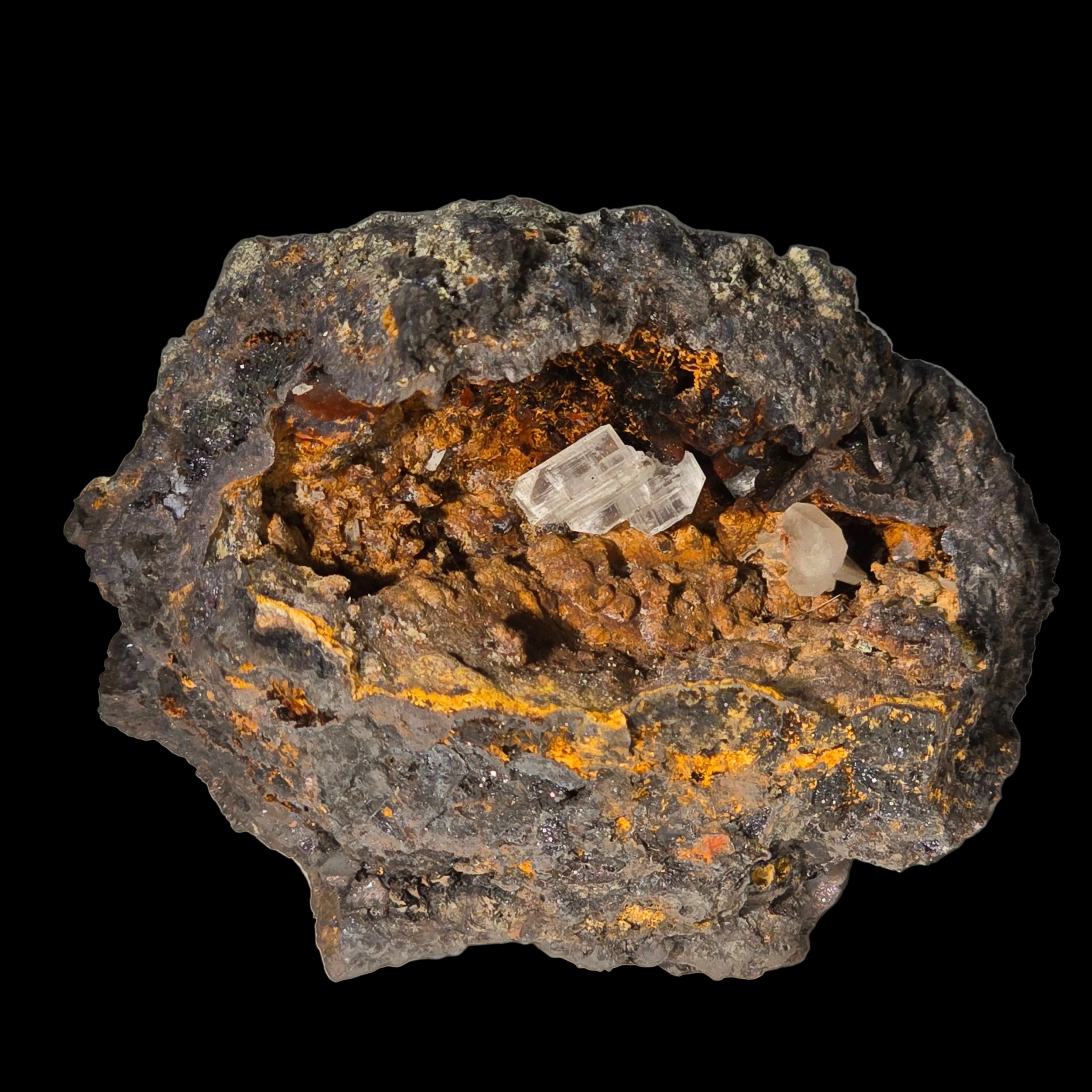 CERUSSITE dans GOETHITE vug, mine d'aimant près de WARATAH TASMANIE