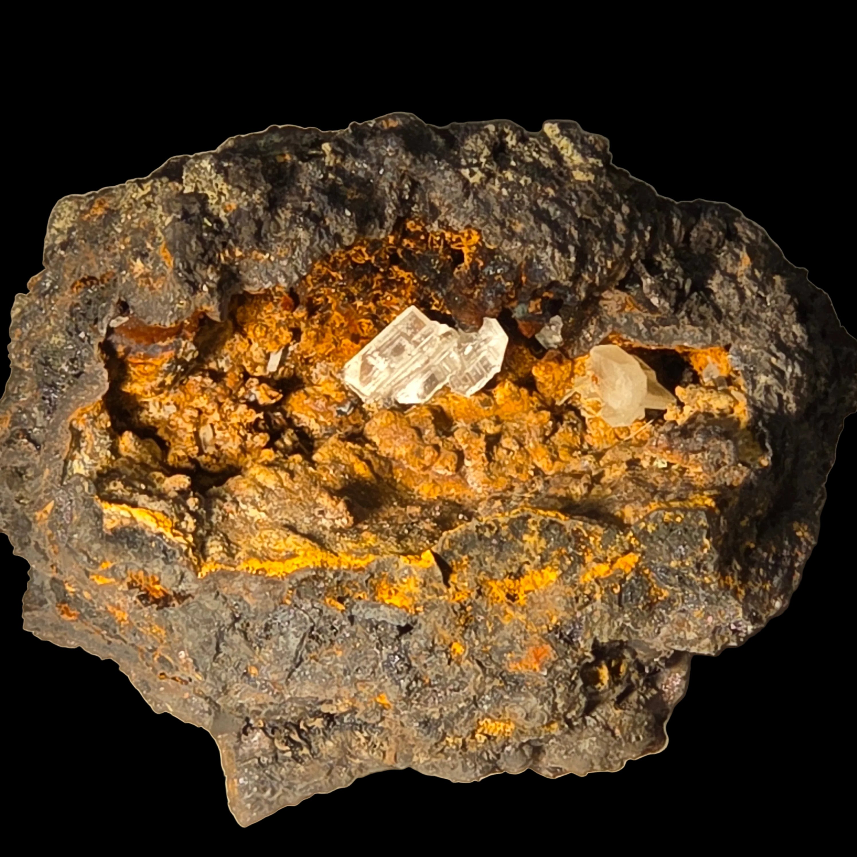 CERUSSITE dans GOETHITE vug, mine d'aimant près de WARATAH TASMANIE