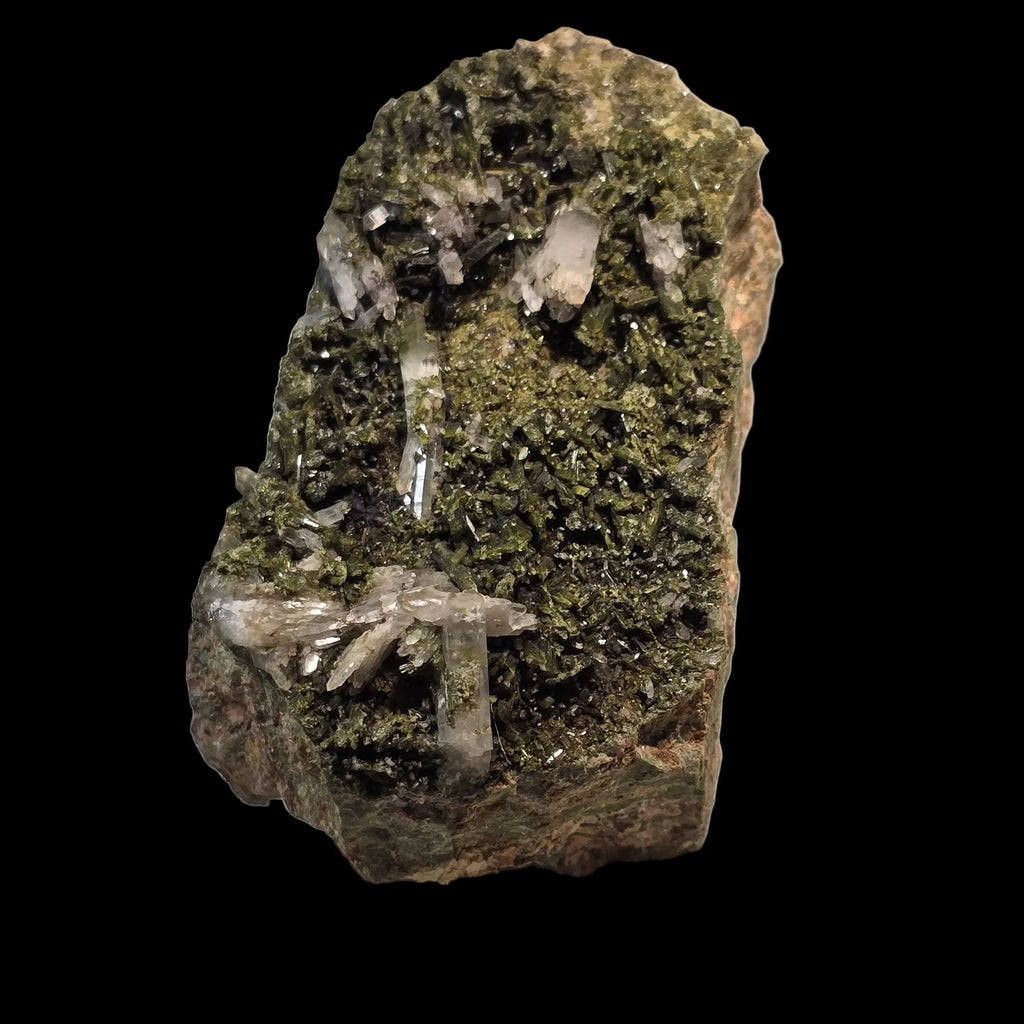 Quartz crystals on green epidote matrix, mineral specimen from classic locality