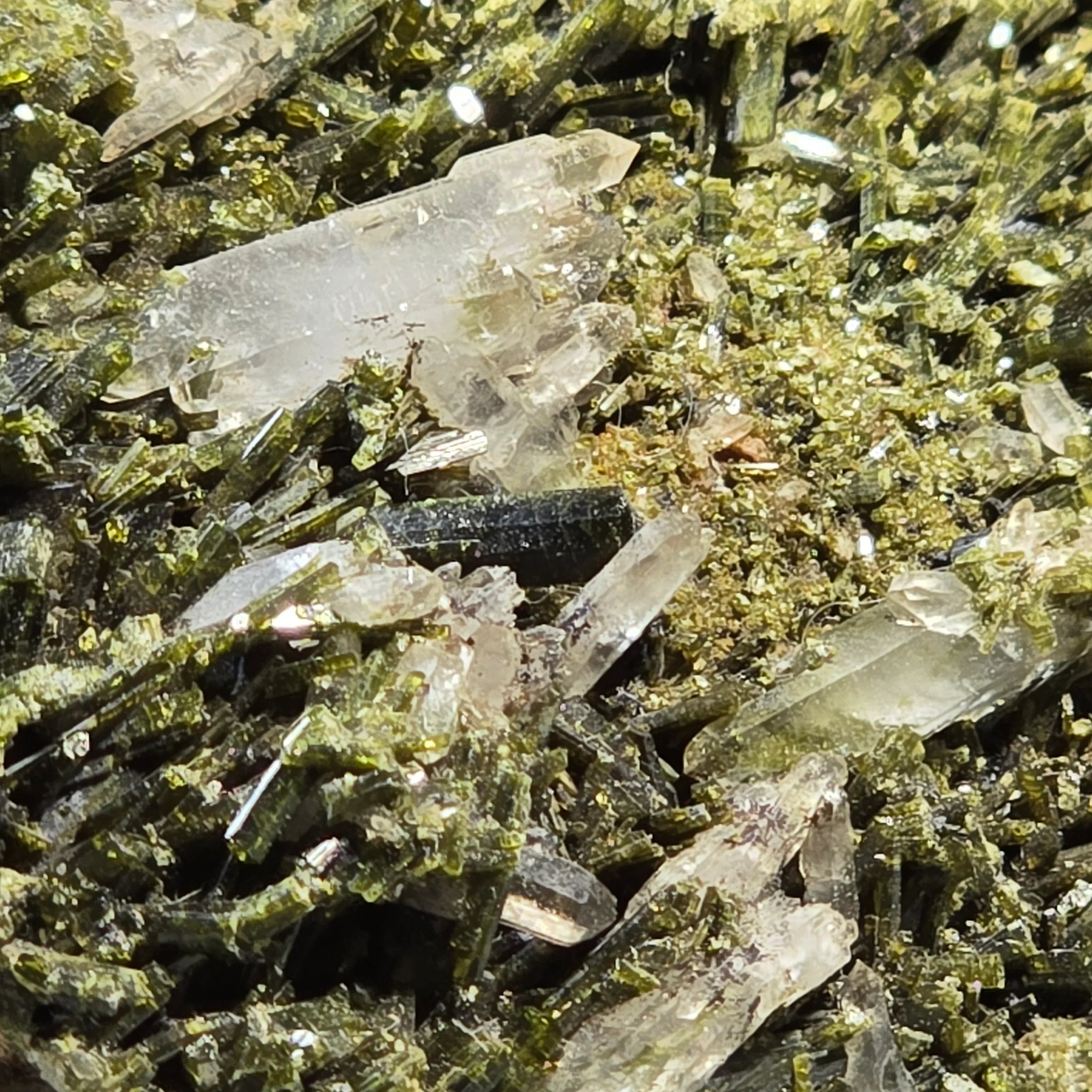 Clear quartz crystals with green epidote matrix, mineral specimen for collectors