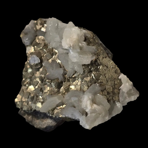 Quartz and pyrite mineral specimen with sparkling crystals on dark matrix, ideal for collectors