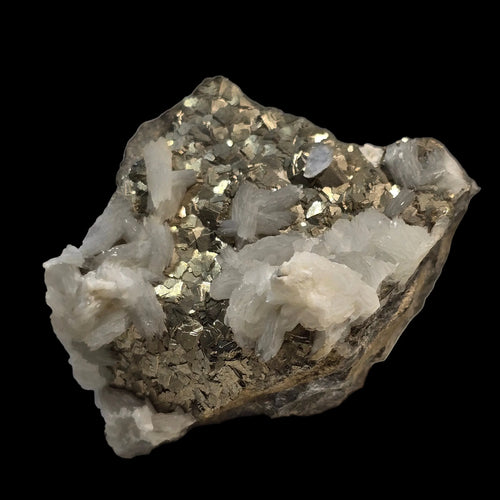 Pyrite with Quartz crystals, mineral specimen from classic locality, metallic luster on dark matrix