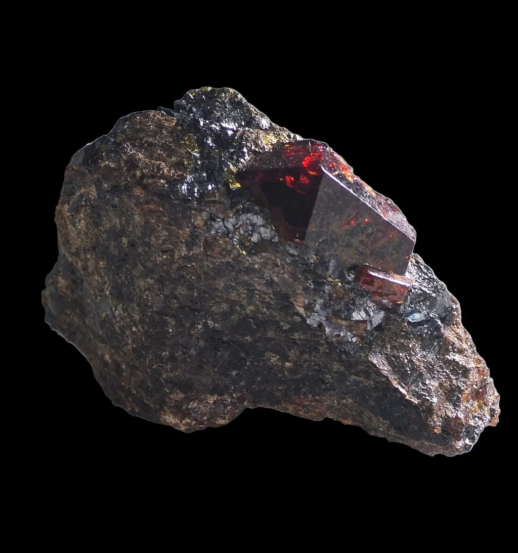 Spessartine Garnet crystal on matrix, deep red gemstone specimen from classic locality