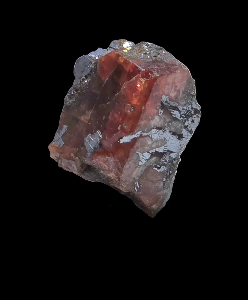 Spessartine Garnet crystal specimen with rich red-orange hue and metallic inclusions, ideal for mineral collectors