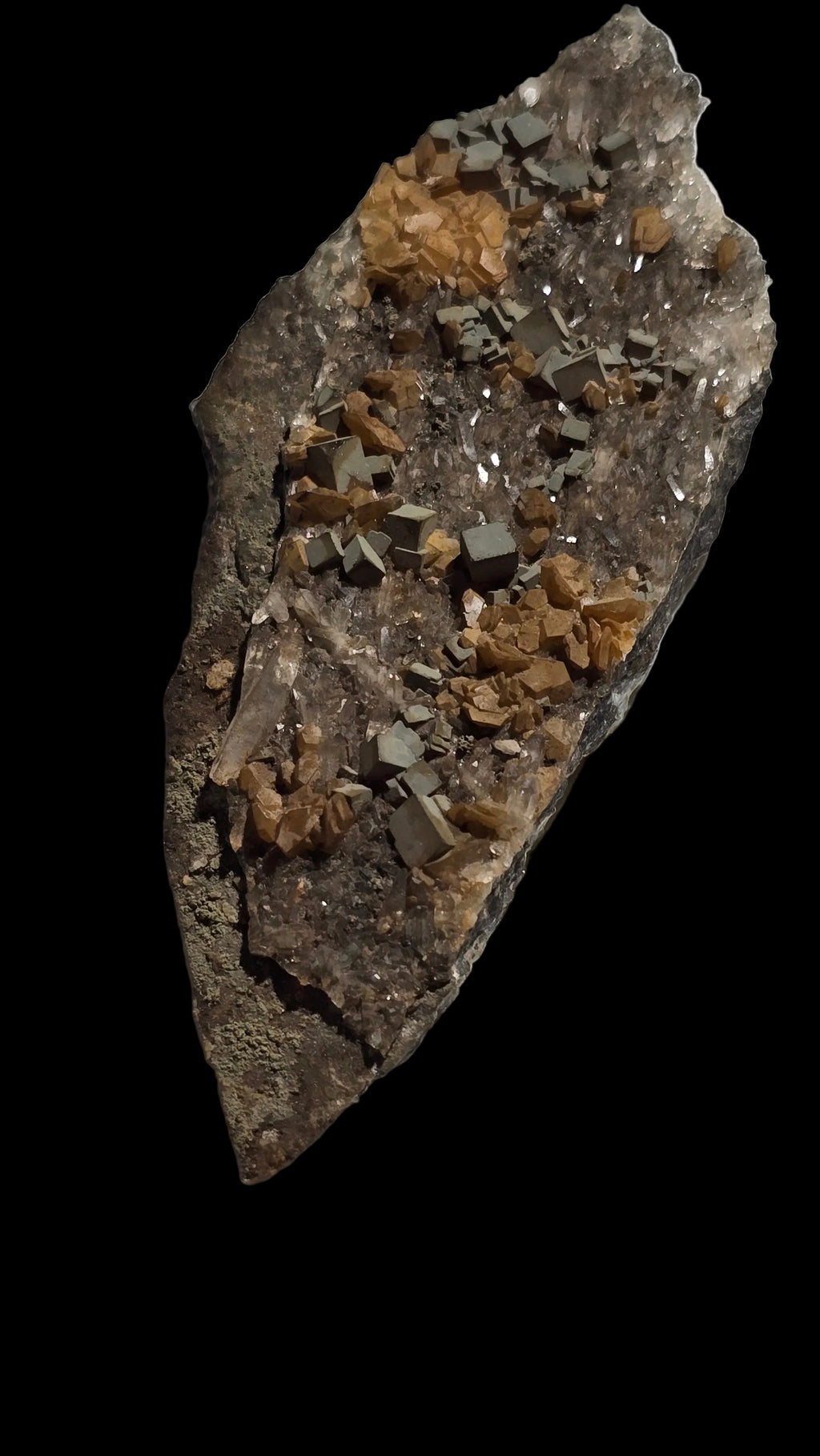 FLUORITE ON CALCITE (MATRIX GREYWACKE), RENISON BELL MINE, TASMANIA (small cabinet)