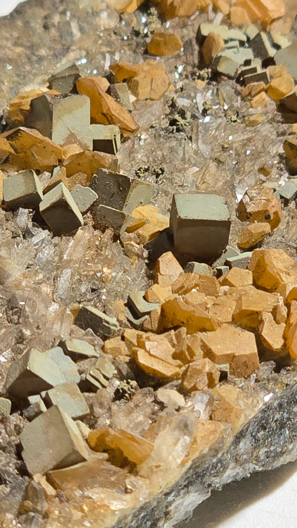 FLUORITE ON CALCITE (MATRIX GREYWACKE), RENISON BELL MINE, TASMANIA (small cabinet)