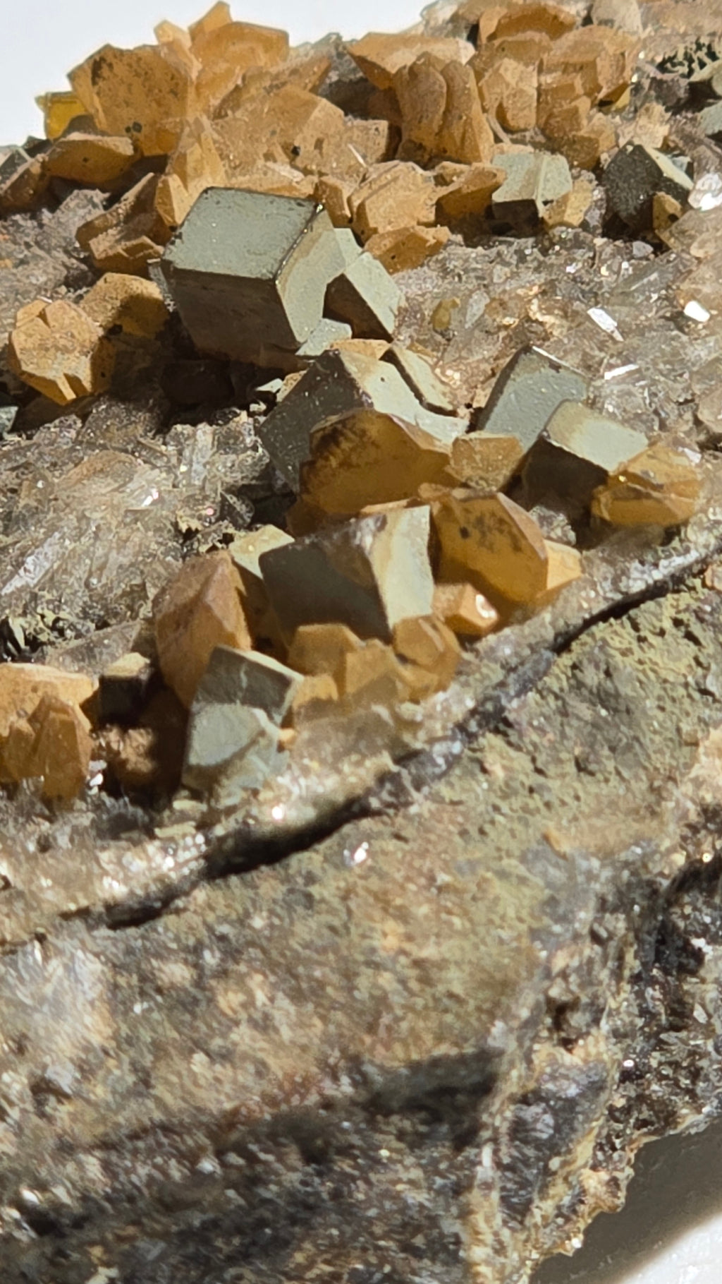 FLUORITE ON CALCITE (MATRIX GREYWACKE), RENISON BELL MINE, TASMANIA (small cabinet)