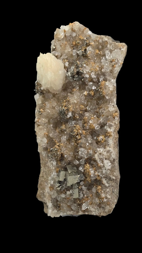 Quartz with Pyrite and Calcite mineral specimen, classic locality crystal collection
