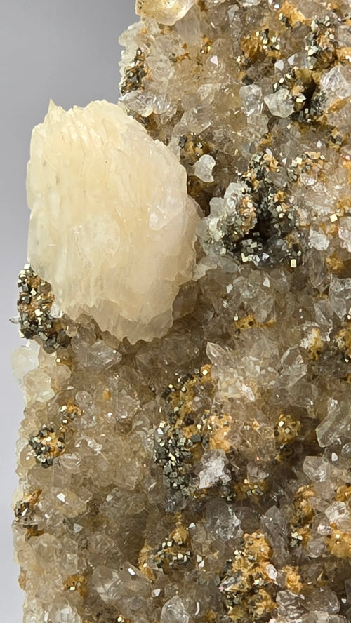 Calcite with Pyrite on Quartz, classic mineral specimen for collectors