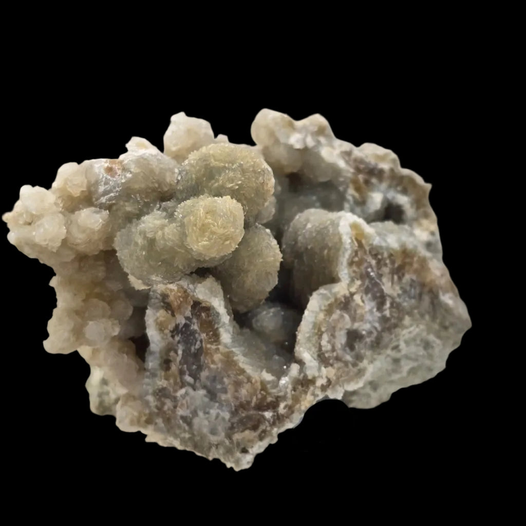 Calcite sur calcédoine botryoïde, mine de Kara, Tasmanie
