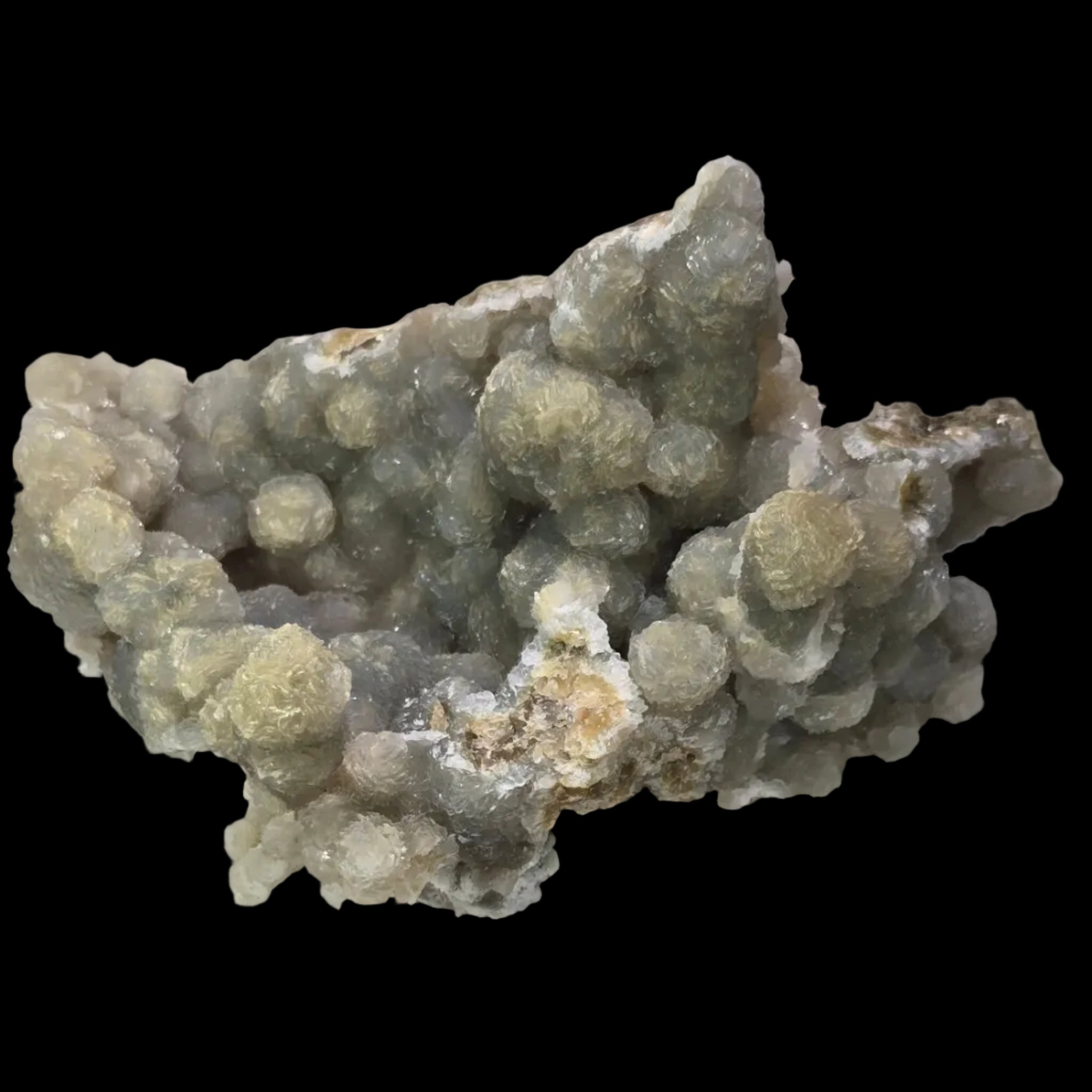 Calcite sur calcédoine botryoïde, mine de Kara, Tasmanie