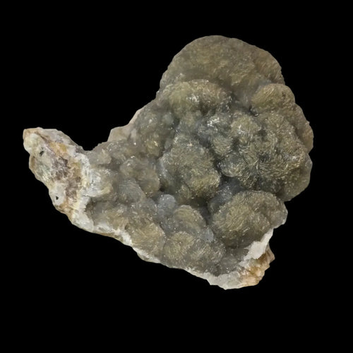 Prehnite mineral specimen with botryoidal texture, greenish-gray crystals on matrix, geological collectible
