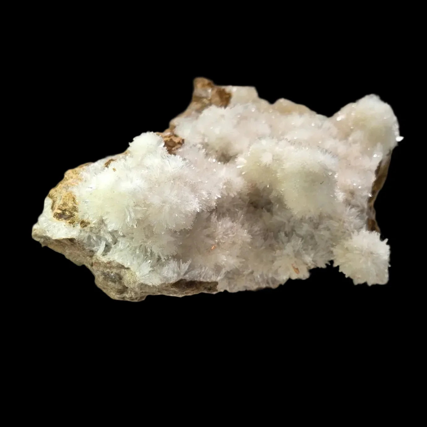 Calcite crystal specimen with fluffy white formations on matrix, classic mineral collector piece
