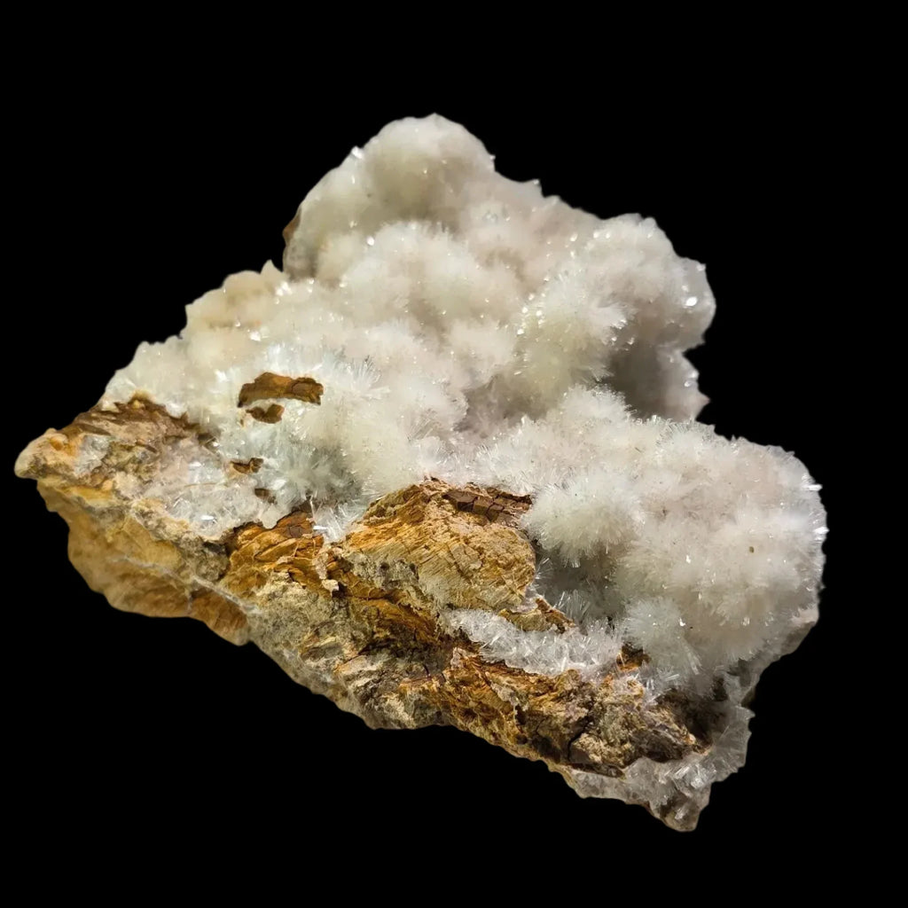Barite on matrix from Morocco, white feathery crystals over brown rock, mineral specimen for collectors