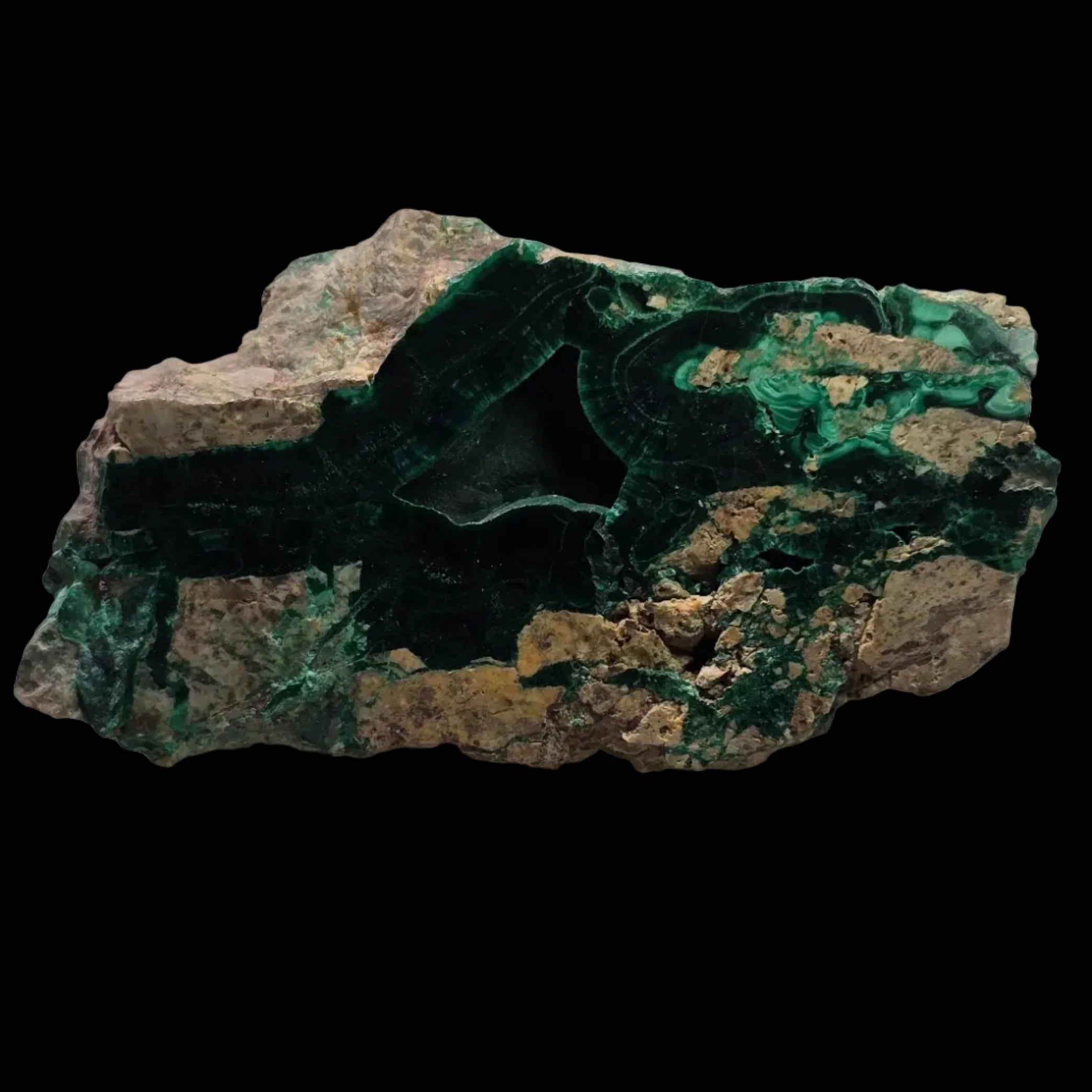 Malachite specimen with vibrant green bands and earthy matrix, showcasing natural mineral patterns