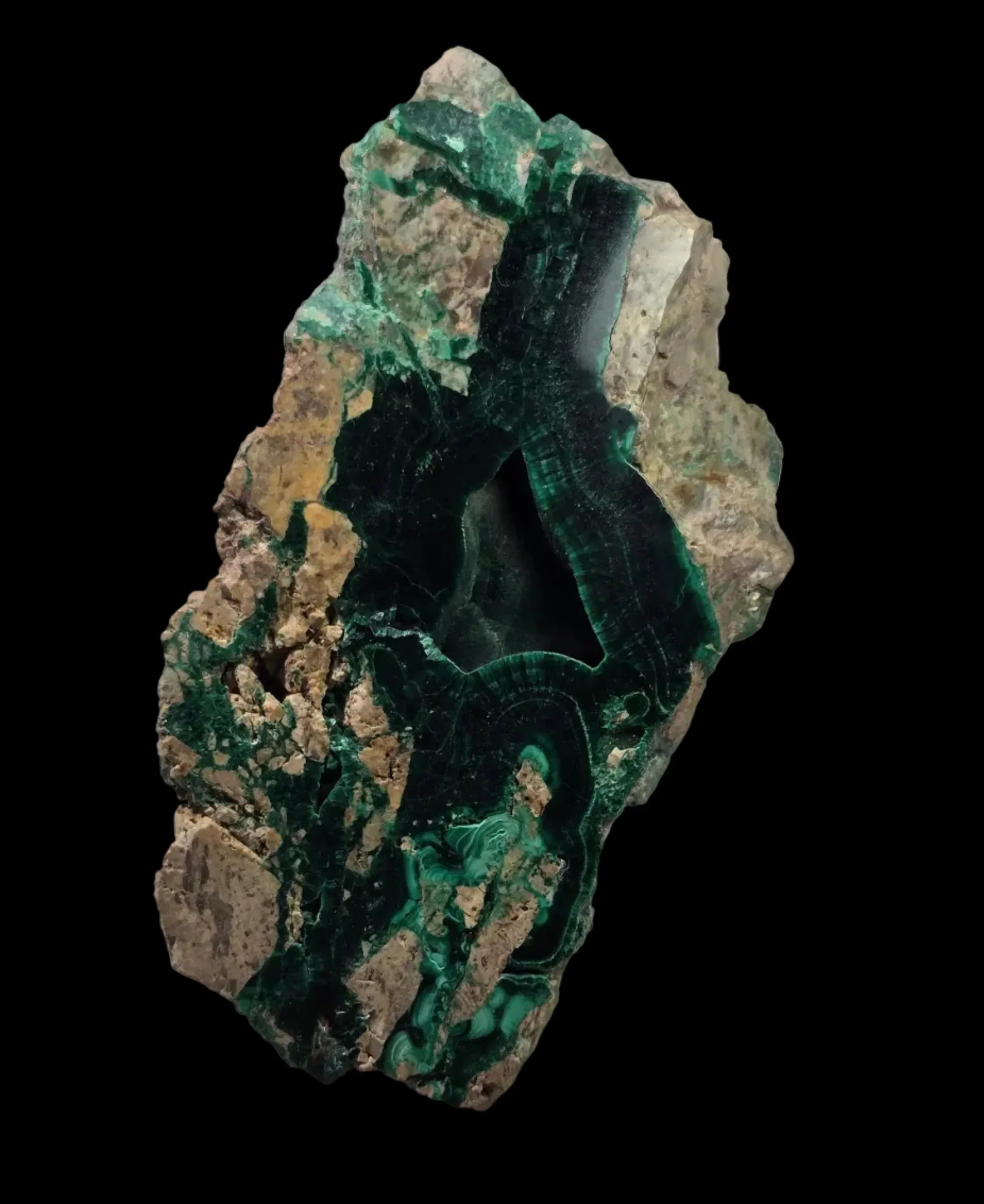 Malachite specimen with vibrant green bands and earthy matrix, natural mineral collectible