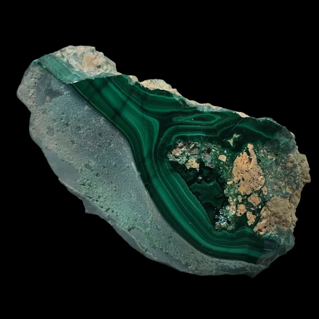 Malachite specimen with vibrant green bands and matrix, showcasing natural mineral patterns