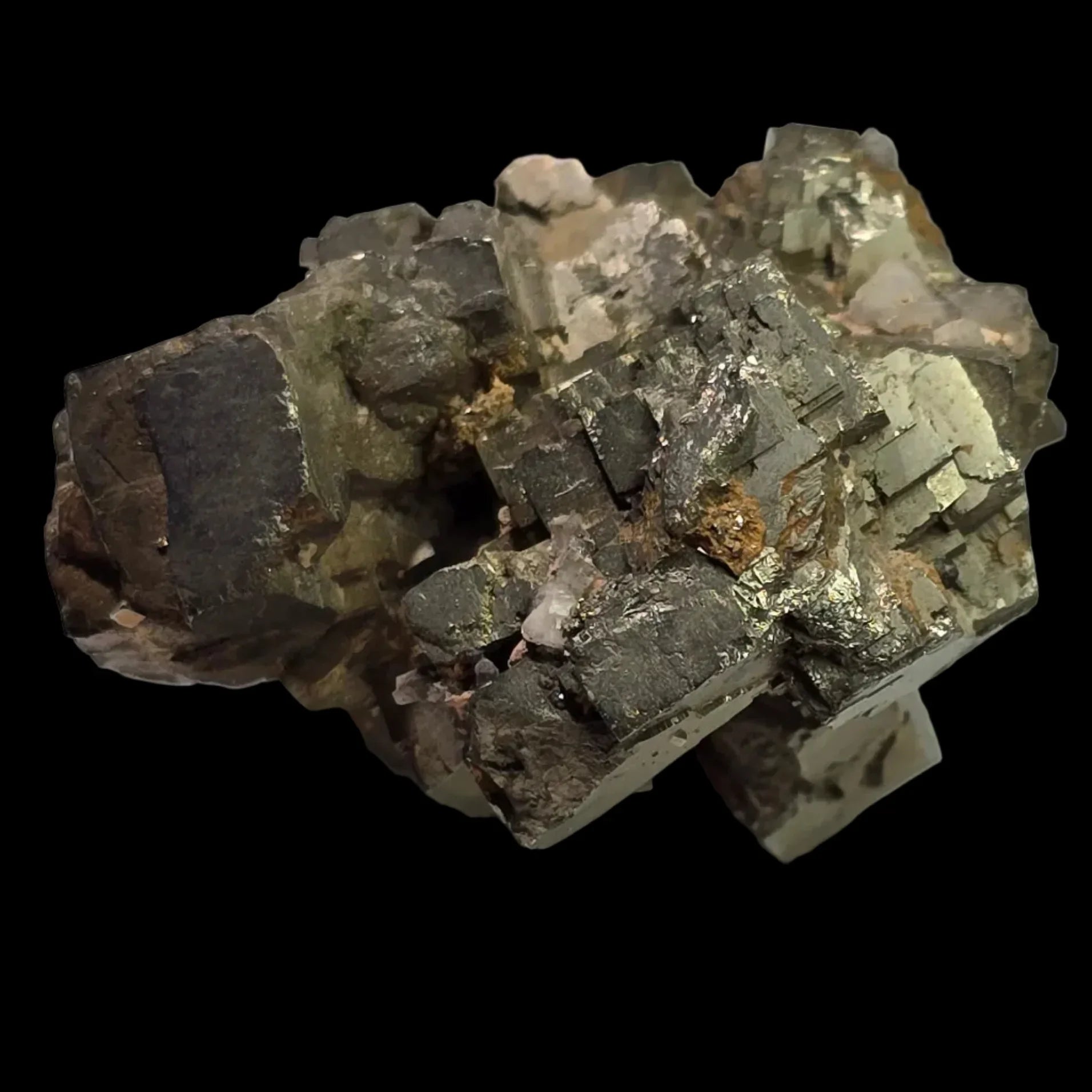 Pyrite crystal cluster from Spain, metallic luster, cubic formation on matrix, mineral specimen for collectors