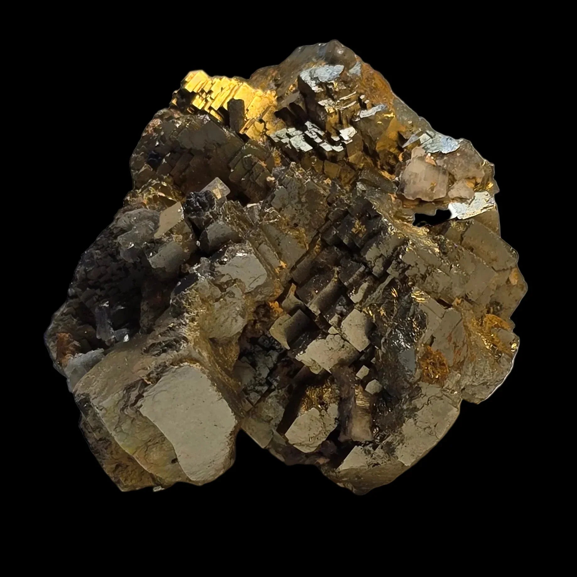 Pyrite crystal cluster with golden metallic luster on matrix, mineral specimen for collectors