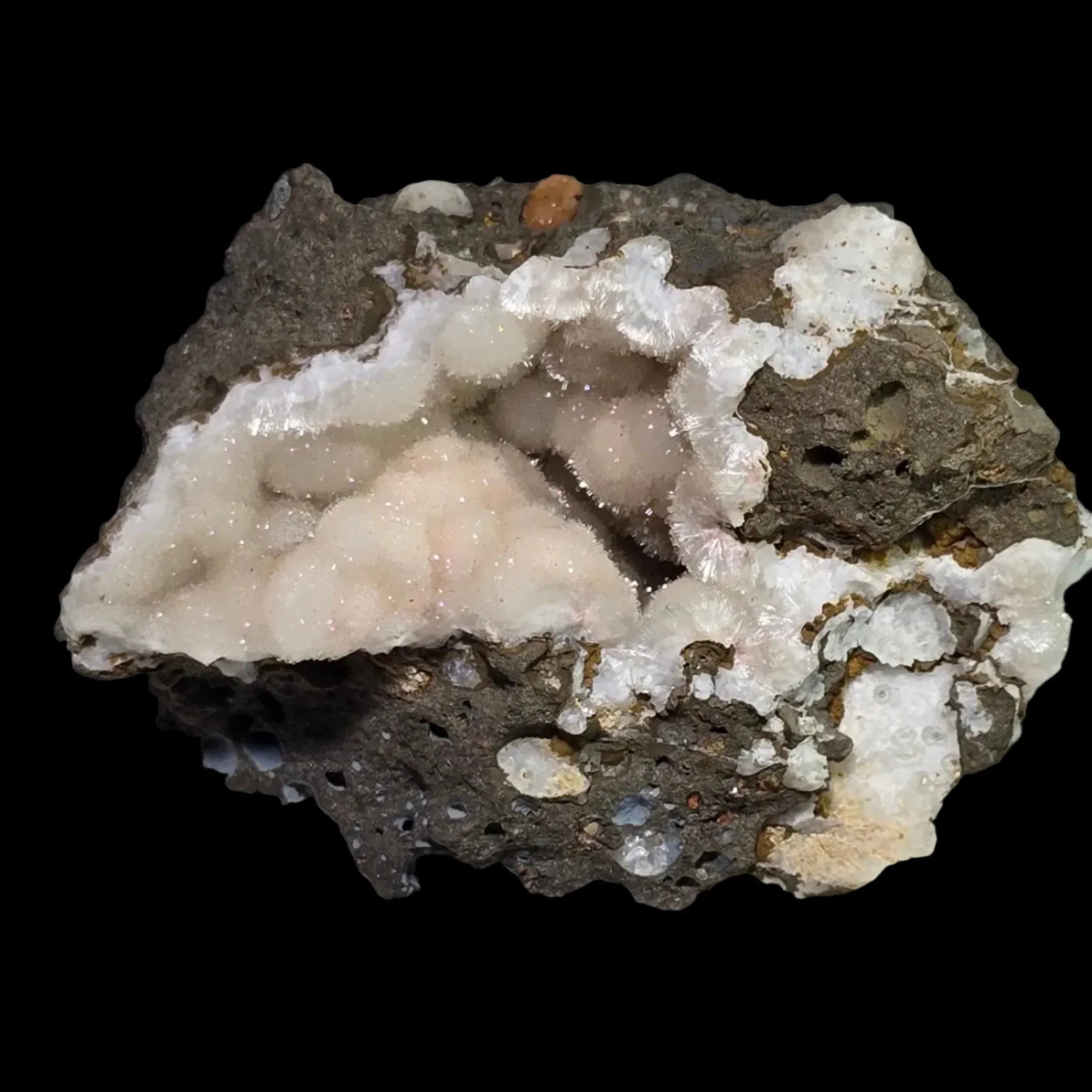 Calcite on basalt matrix, white crystalline formations with earthy tones, mineral specimen for collectors