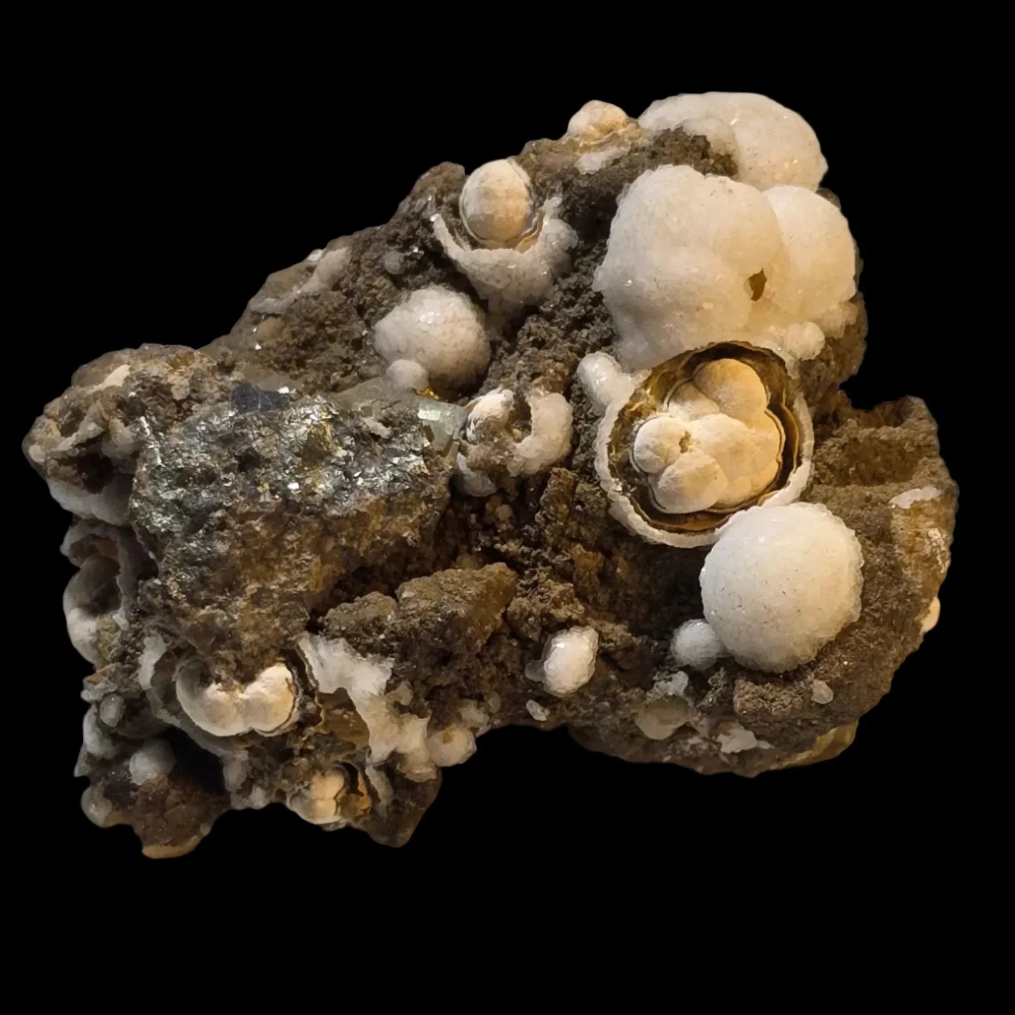 Calcite on Galena mineral specimen from classic locality, featuring white botryoidal formations and metallic crystals