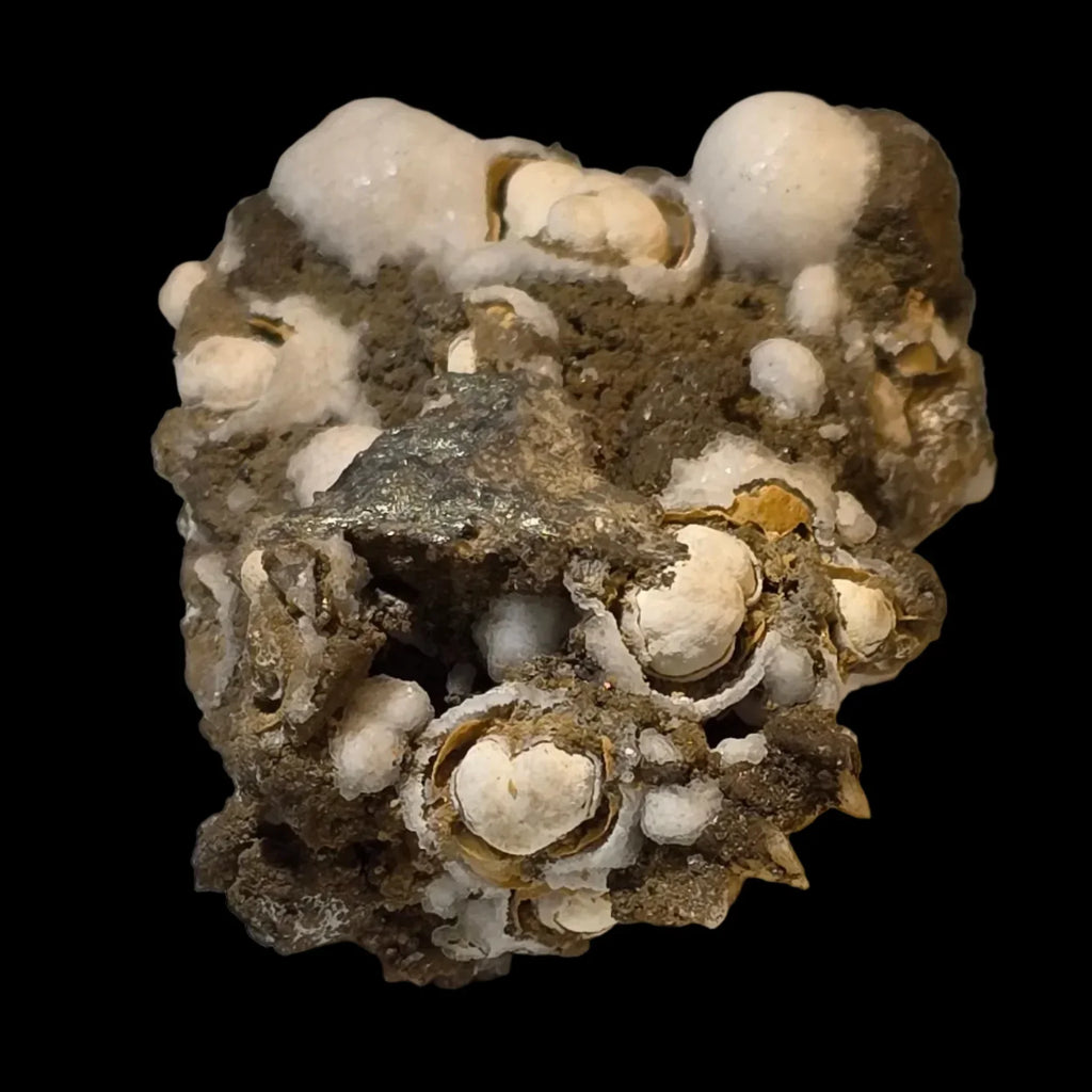 Calcite on Pyrite, classic locality specimen with white botryoidal formations and metallic crystals