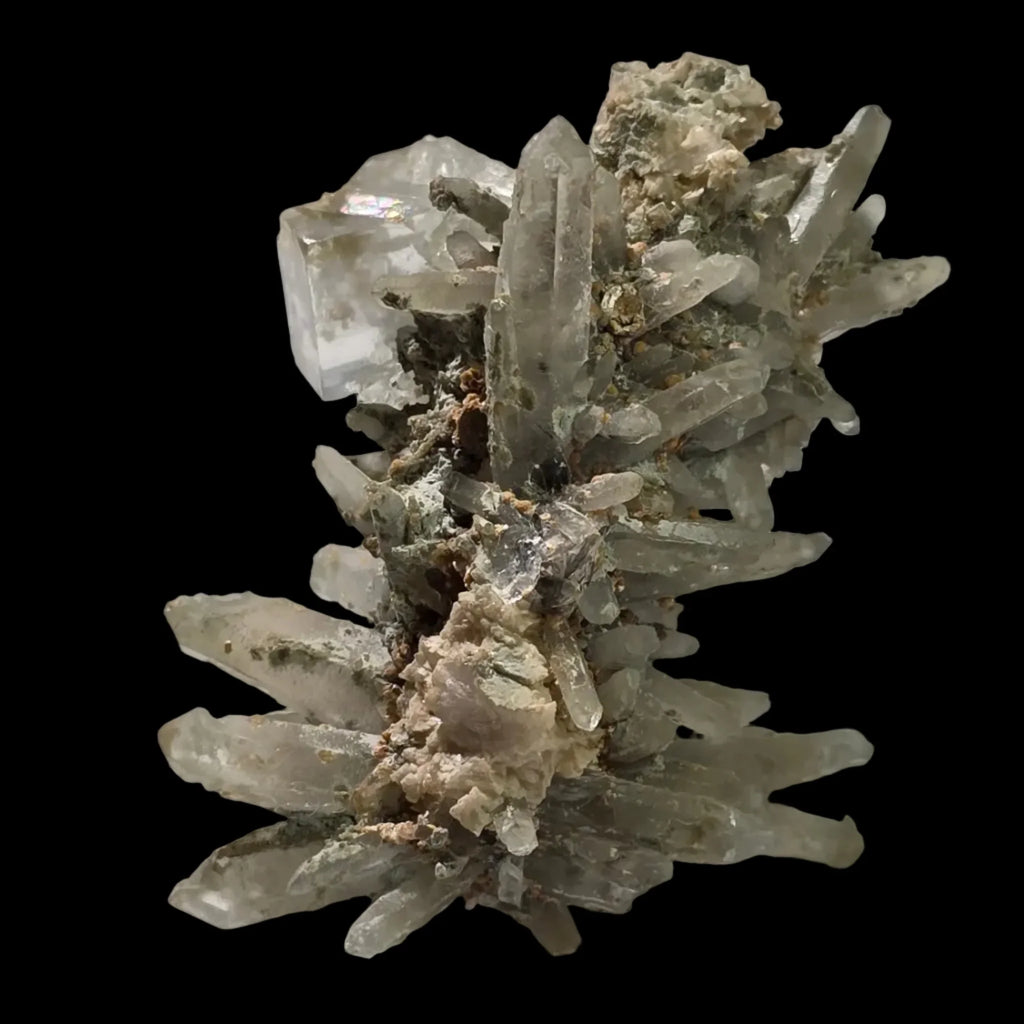Quartz crystal cluster with iridescent sheen, mineral specimen from classic locality