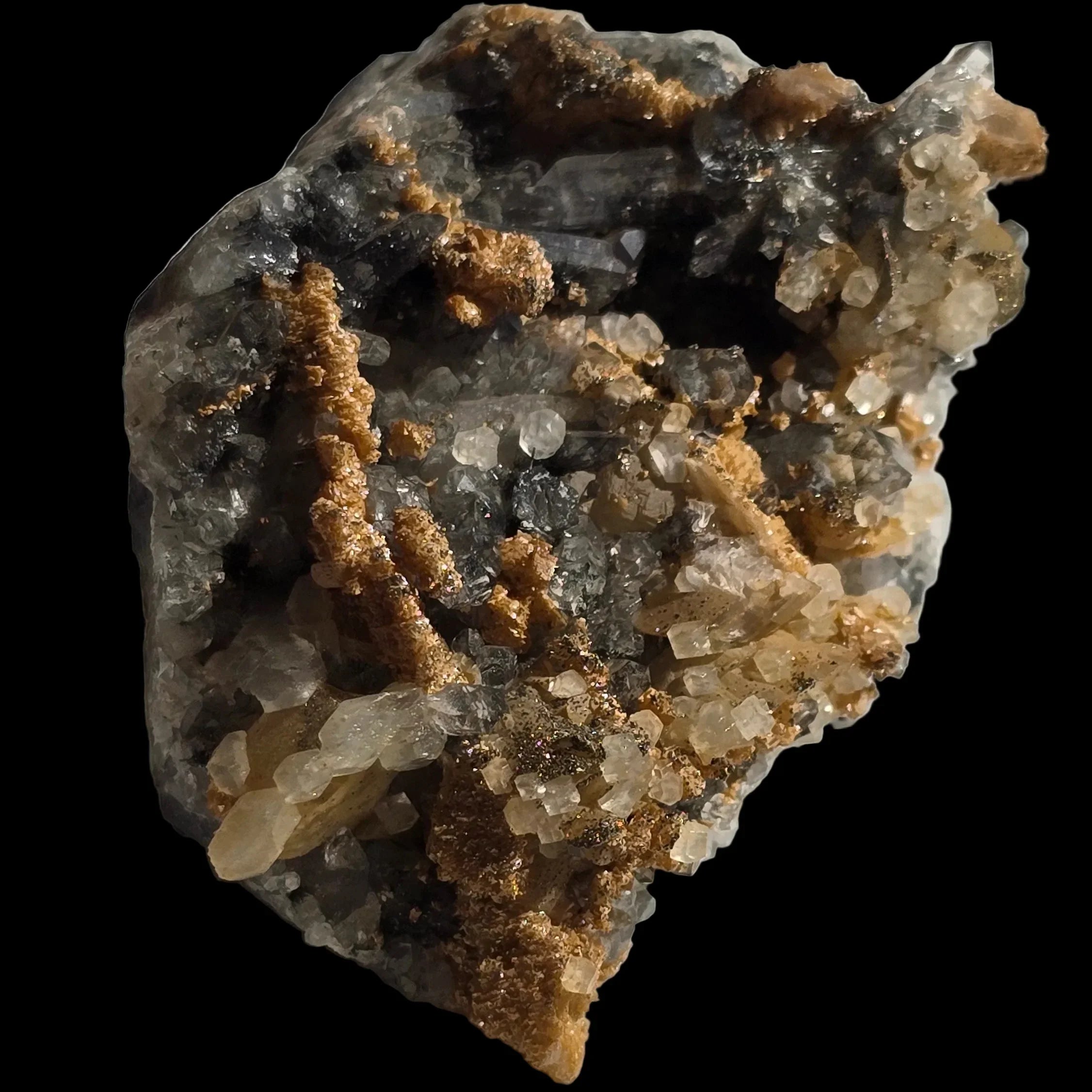 Fluorite with Calcite and Pyrite, from Naica Mine, Mexico - mineral specimen with clear crystals and golden inclusions