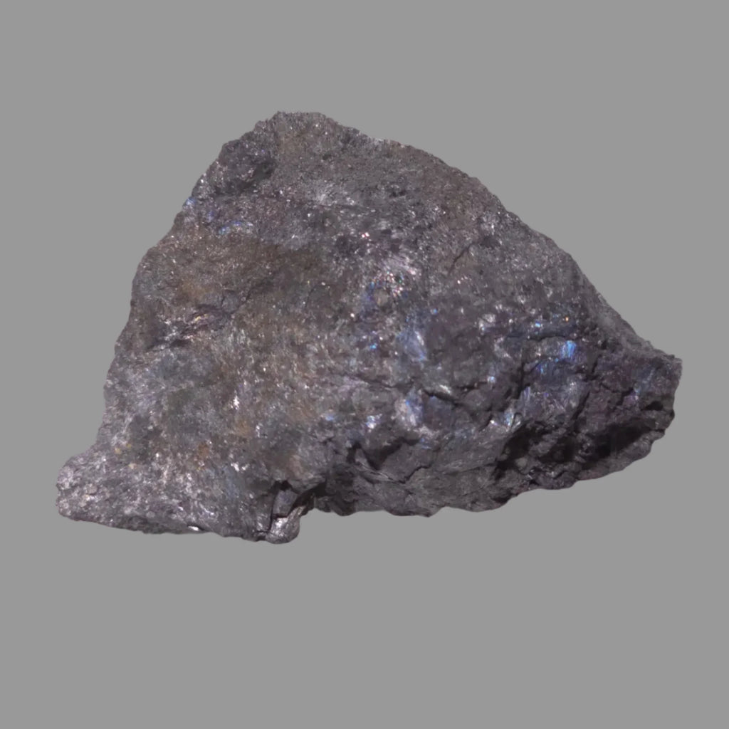 Hematite mineral specimen with metallic luster and iridescent flashes, rough natural crystal for collectors