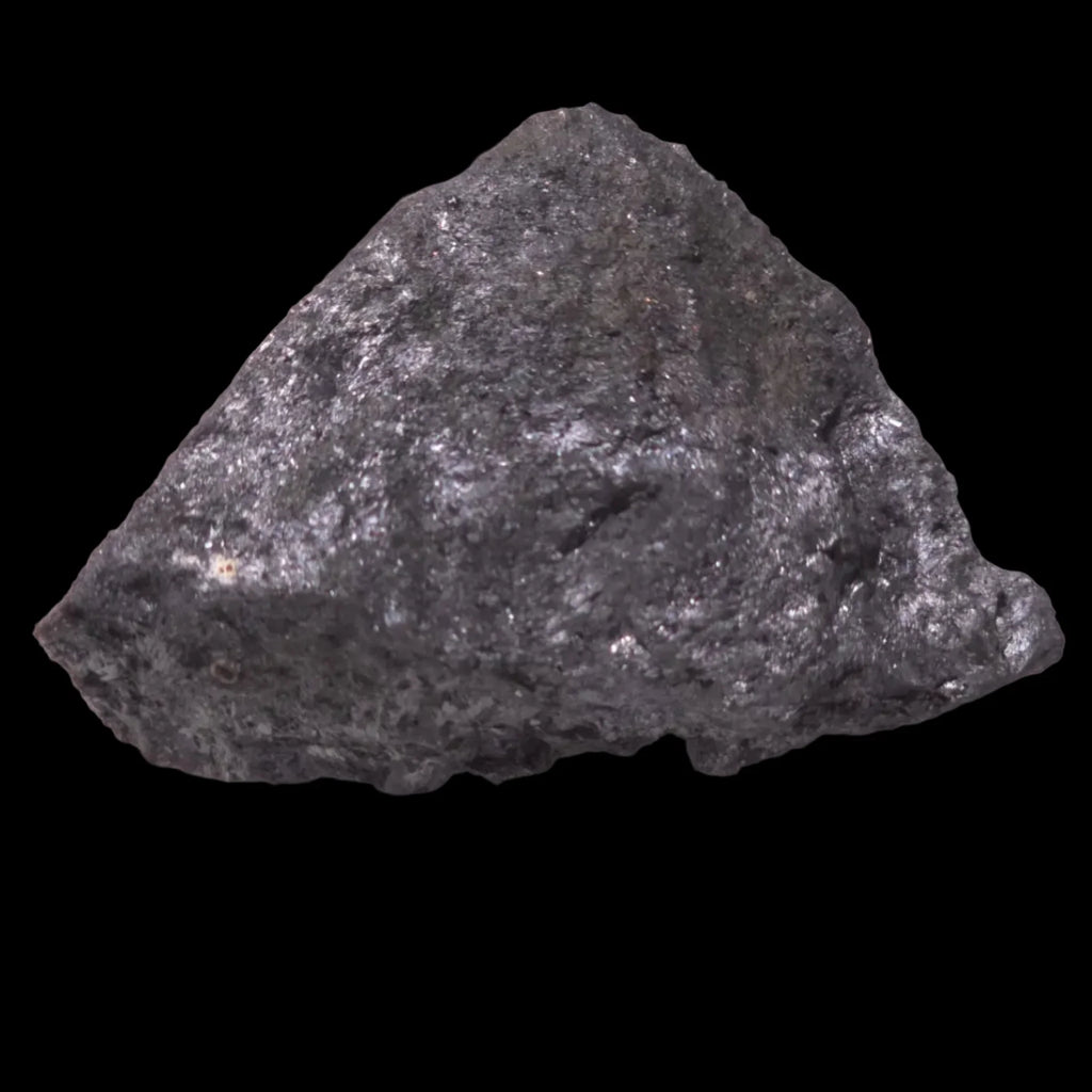 Hematite mineral specimen with metallic luster, rough texture, dark gray color, isolated on black background