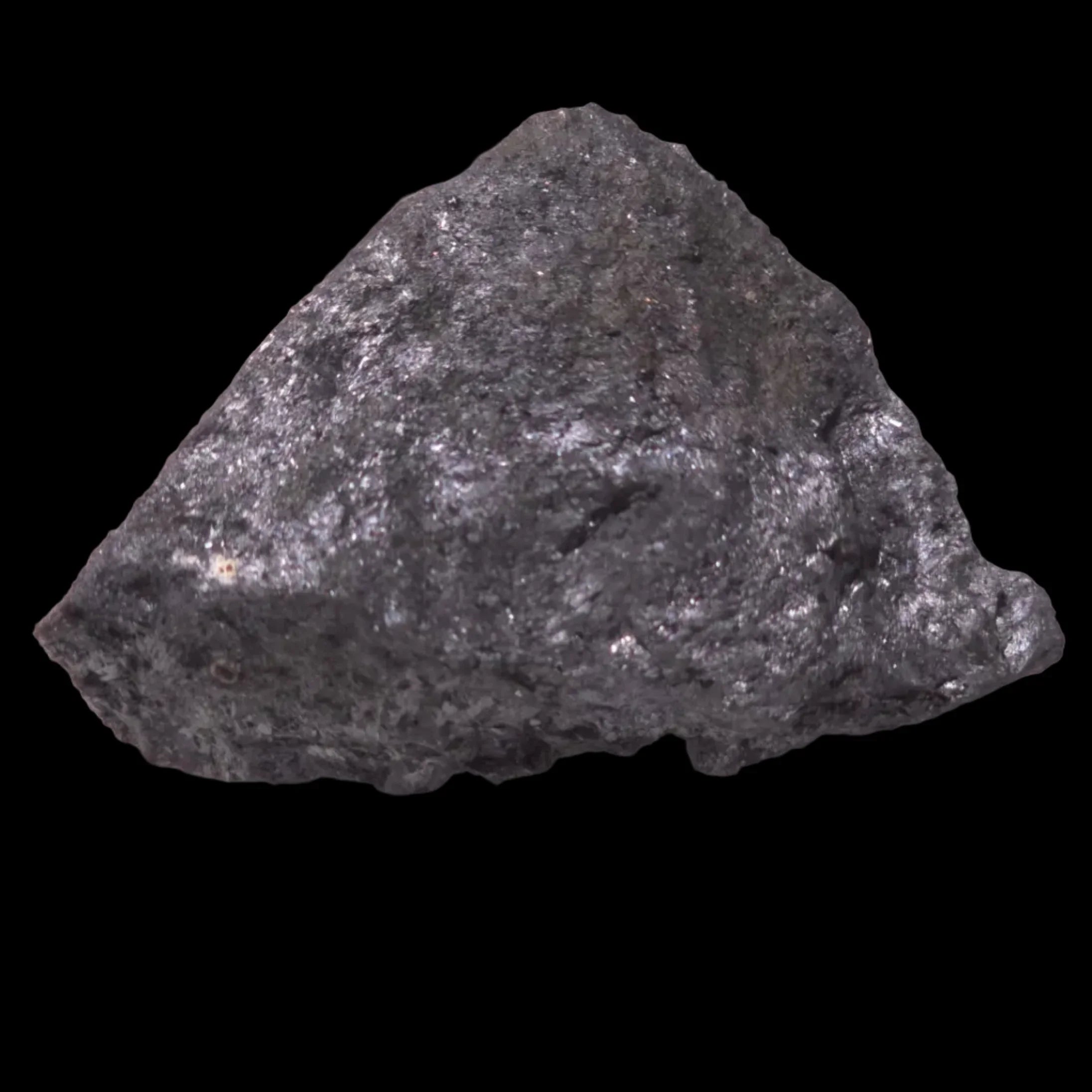 Hematite mineral specimen with metallic luster, rough texture, dark gray color, isolated on black background