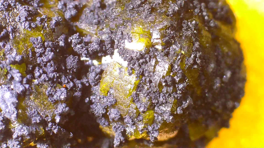 Sphalerite on Galena specimen, metallic luster, yellow-gold crystals embedded in dark matrix